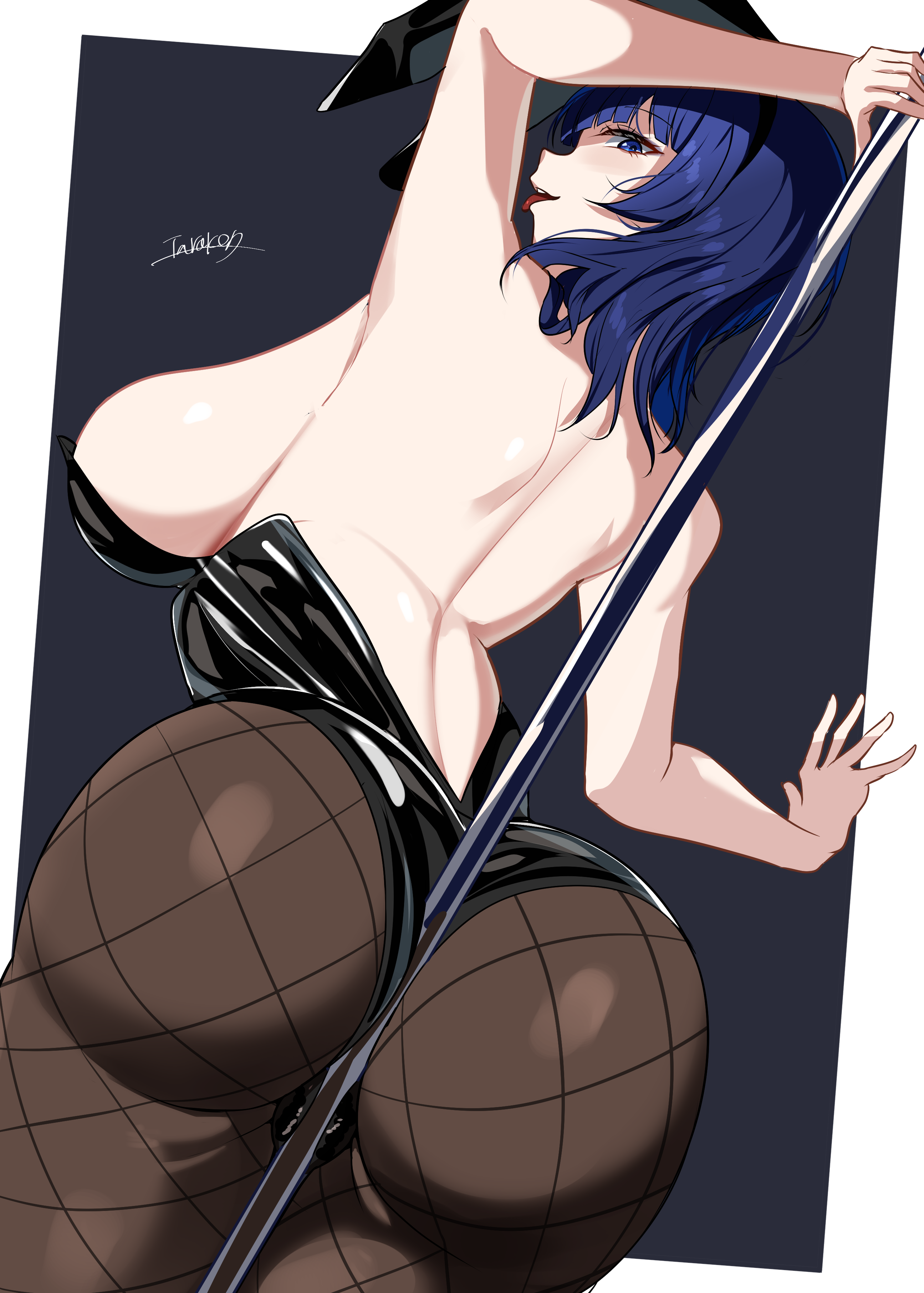 tarakon, asaka karin, love live!, love live! nijigasaki high school idol club, absurdres, highres, 1girl, animal ears, artist name, ass, back, bare back, black leotard, blue eyes, blue hair, breasts, brown pantyhose, cleavage, curvy, fake animal ears, fishnet pantyhose, fishnets, huge ass, large breasts, leotard, looking at viewer, looking back, medium hair, open mouth, pantyhose, playboy bunny, pole, rabbit ears, shoulder blades, sideboob, thick thighs, thighs, tongue, tongue out, wide hips