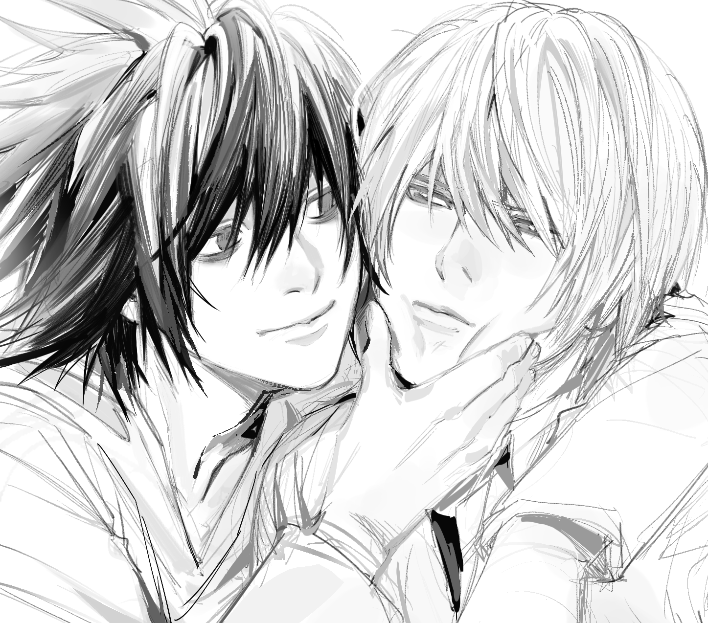 ruttika shin, l (death note), yagami light, death note, commentary, highres, symbol-only commentary, 2boys, adam's apple, arm around shoulder, cheek pinching, greyscale, light smile, looking at another, male focus, monochrome, multiple boys, pinching, shirt, short hair, simple background, squeezing cheeks, white background, yaoi