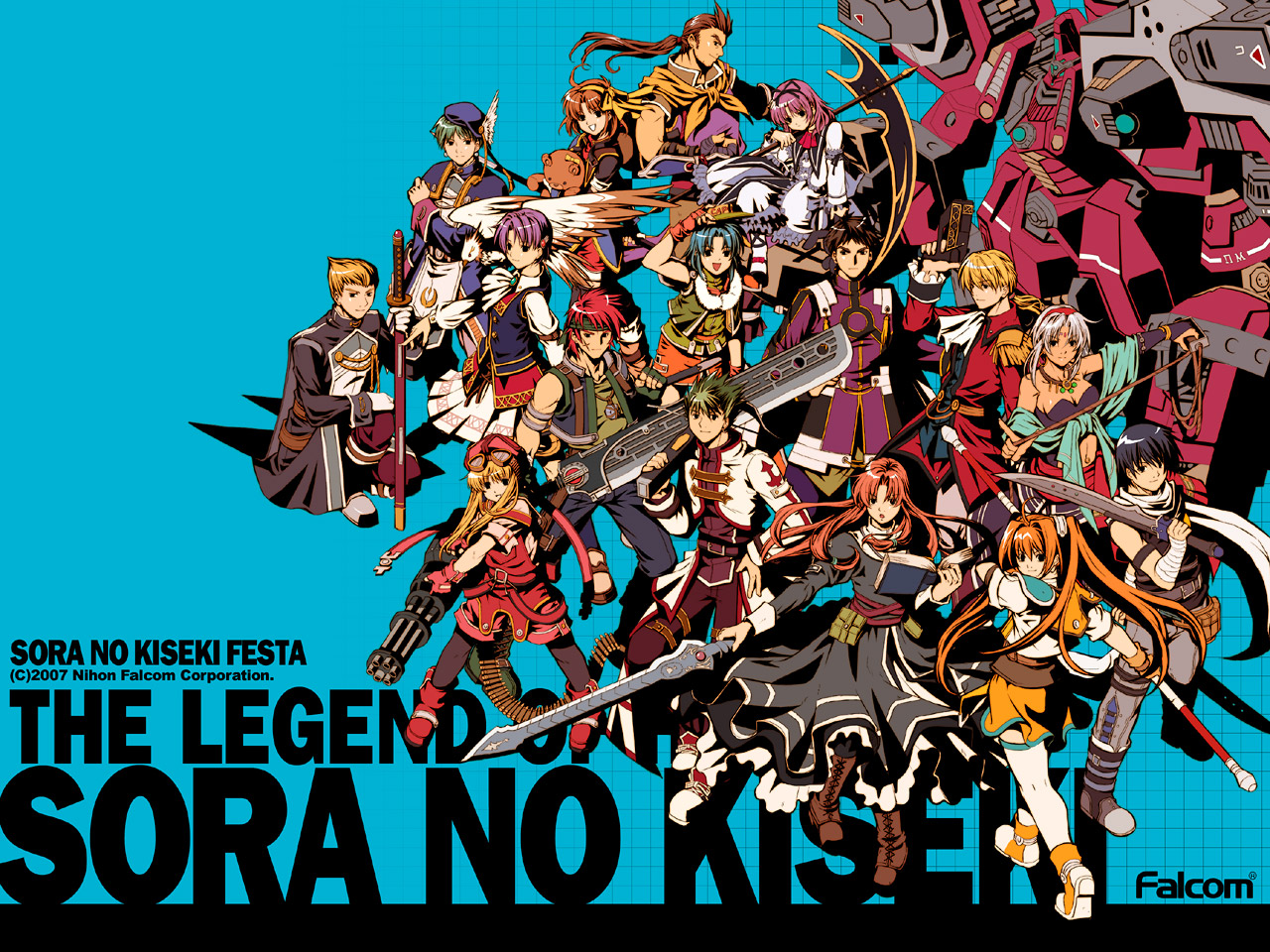 nihon, agate crosner, alan richard, anelace elfead, estelle bright, josette capua, joshua bright, julia schwarz, kevin graham, kloe rinz, muller vander, olivert reise arnor, pater mater, renne (eiyuu densetsu), ries argent, scherazard harvey, tita russell, zin vathek, eiyuu densetsu, falcom, sora no kiseki, 6+boys, 6+girls, bird, blue background, everyone, gun, mecha, multiple boys, multiple girls, robot, staff, sword, weapon