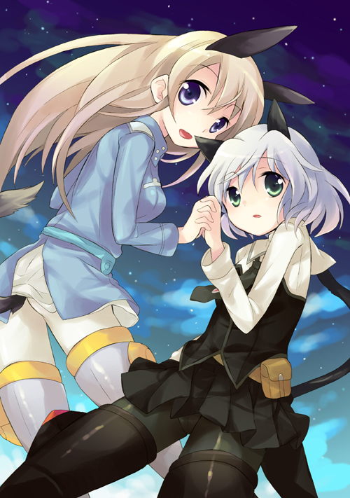 tachitsu teto, eila ilmatar juutilainen, sanya v. litvyak, strike witches, world witches series, 00s, 2girls, ass, black pantyhose, holding hands, multiple girls, pantyhose, white pantyhose