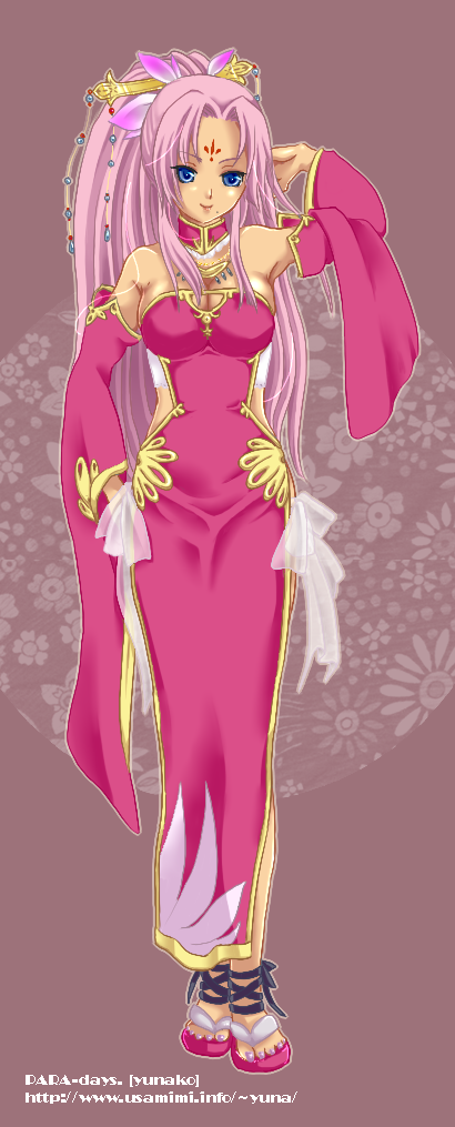 yunako (artist), sonsaku (koihime musou), koihime musou, bad id, bad pixiv id, 00s, 1girl, ankle lace-up, blue eyes, breasts, cleavage, detached sleeves, female focus, nail polish, pink hair, sandals, solo, toenail polish, toenails