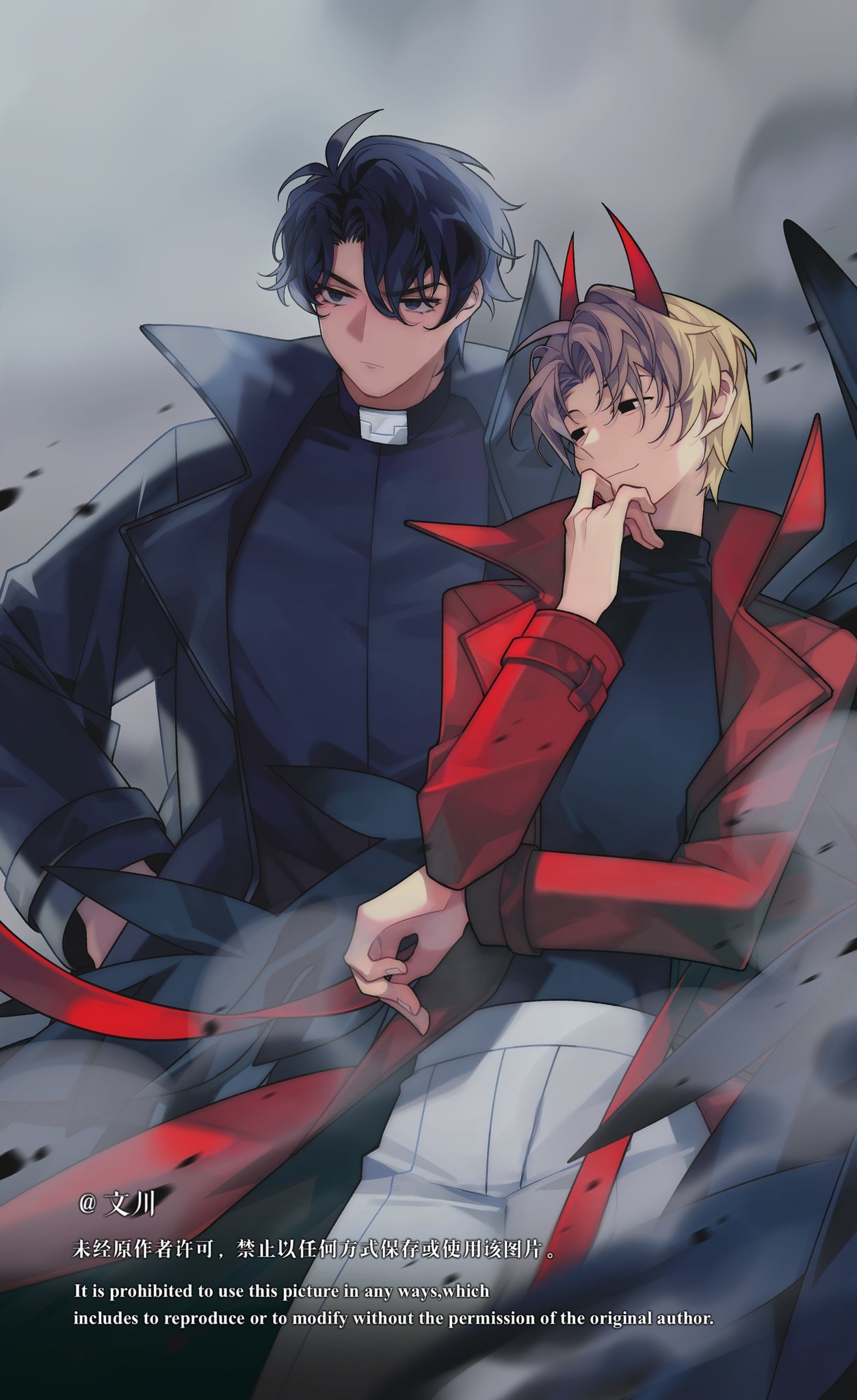 yoo joonghyuk, omniscient reader's viewpoint, highres, 2boys, black coat, black eyes, black hair, black shirt, black wings, cheon inho, coat, cowboy shot, demon horns, elbow on arm, feathered wings, hand on own chin, hands in pockets, head tilt, horns, male focus, multiple boys, nicayuko, open clothes, open coat, popped collar, red coat, serious, shirt, short hair, smirk, smoke, wings