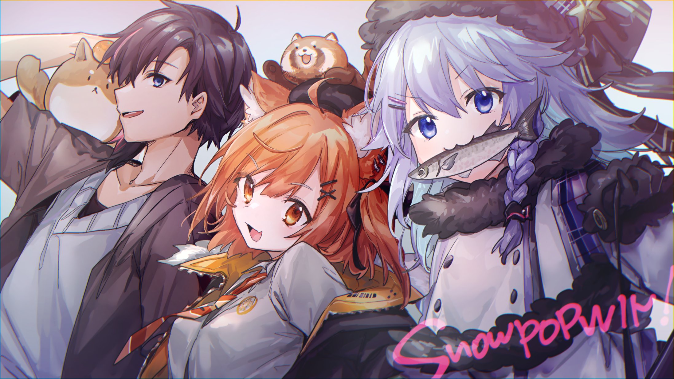 ukishizumi, nun bora, ratna petit, nijisanji, character request, highres, 1boy, 2girls, :3, ahoge, animal ear fluff, animal ears, black hair, blue eyes, blue hair, braid, dog, fang, fur trim, grey sweater, hair ornament, hat, jacket, looking at viewer, multiple girls, necktie, open mouth, orange eyes, orange hair, orange necktie, shirt, short hair, side braid, smile, sweater, virtual youtuber, white jacket, white shirt