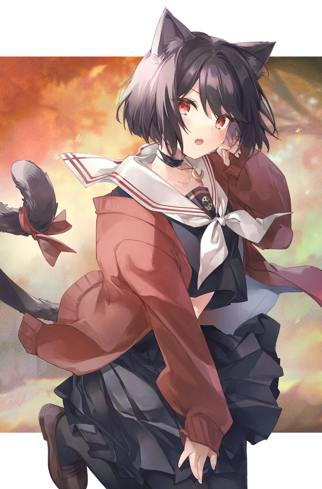 ukishizumi, original, highres, 1girl, :o, animal ears, black choker, black hair, black serafuku, black shirt, black skirt, cardigan, cat ears, cat girl, cat tail, choker, fang, long sleeves, looking at viewer, neckerchief, open cardigan, open clothes, open mouth, pleated skirt, red cardigan, red eyes, sailor collar, school uniform, serafuku, shirt, short hair, skirt, sleeves past wrists, solo, tail, tail ornament, white neckerchief, white sailor collar