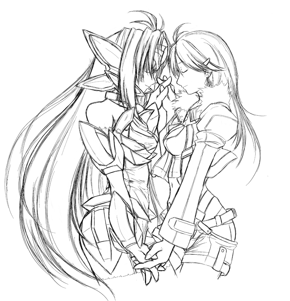 kos-mos, kos-mos ver. 4, shion uzuki, xeno (series), xenosaga, xenosaga episode iii, fur, 00s, 2girls, android, antenna hair, breasts, cleavage, closed eyes, crop top, earrings, greyscale, hair ornament, hairclip, holding hands, jacket, jewelry, long hair, midriff, monochrome, multiple girls, navel, shorts, sketch, smile, very long hair, yuri