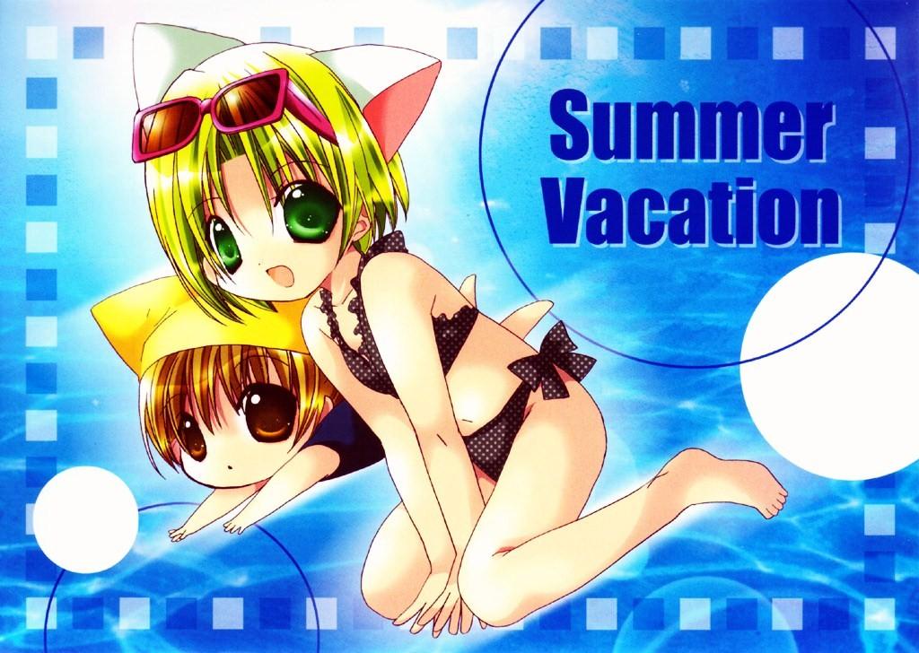 koge donbo, dejiko, puchiko, di gi charat, non-web source, 2girls, animal ears, barefoot, bikini, cat ears, child, multiple girls, one-piece swimsuit, school swimsuit, siblings, sisters, sunglasses, swimsuit