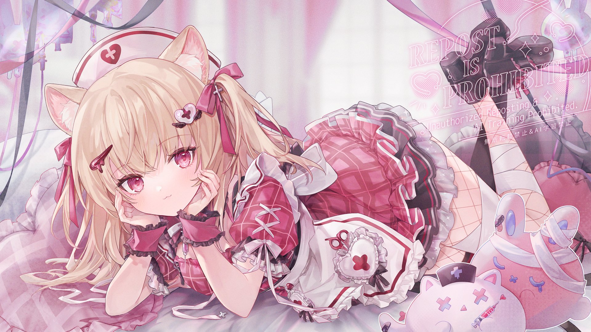ukishizumi, original, highres, 1girl, :3, animal ear fluff, animal ears, apron, blonde hair, cat ears, cat girl, dress, fishnets, frills, hair ornament, hat, head rest, heart, heart hair ornament, looking at viewer, lying, nurse, nurse cap, on stomach, pink dress, pink eyes, plaid clothes, plaid dress, ribbon, smile, solo, thighhighs, virtual youtuber, white apron, wrist cuffs