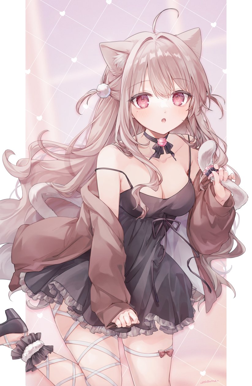 ukishizumi, original, highres, 1girl, :o, animal ears, bare shoulders, black choker, black dress, blush, breasts, brown jacket, cat ears, cat girl, cat tail, choker, cleavage, collarbone, dress, frilled dress, frills, hair ornament, holding own tail, jacket, long hair, looking at viewer, medium breasts, mole, mole under eye, off shoulder, open clothes, open jacket, open mouth, pom pom (clothes), pom pom hair ornament, red eyes, solo, spaghetti strap, tail, wavy hair