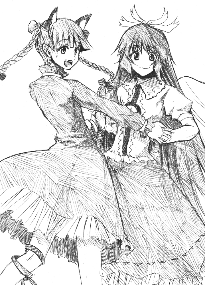 shironeko, tsuji kazuho, tsuji kazuo, kaenbyou rin, reiuji utsuho, touhou, 2girls, animal ears, braid, cat ears, cat girl, female focus, greyscale, monochrome, multiple girls, ribbon, sketch