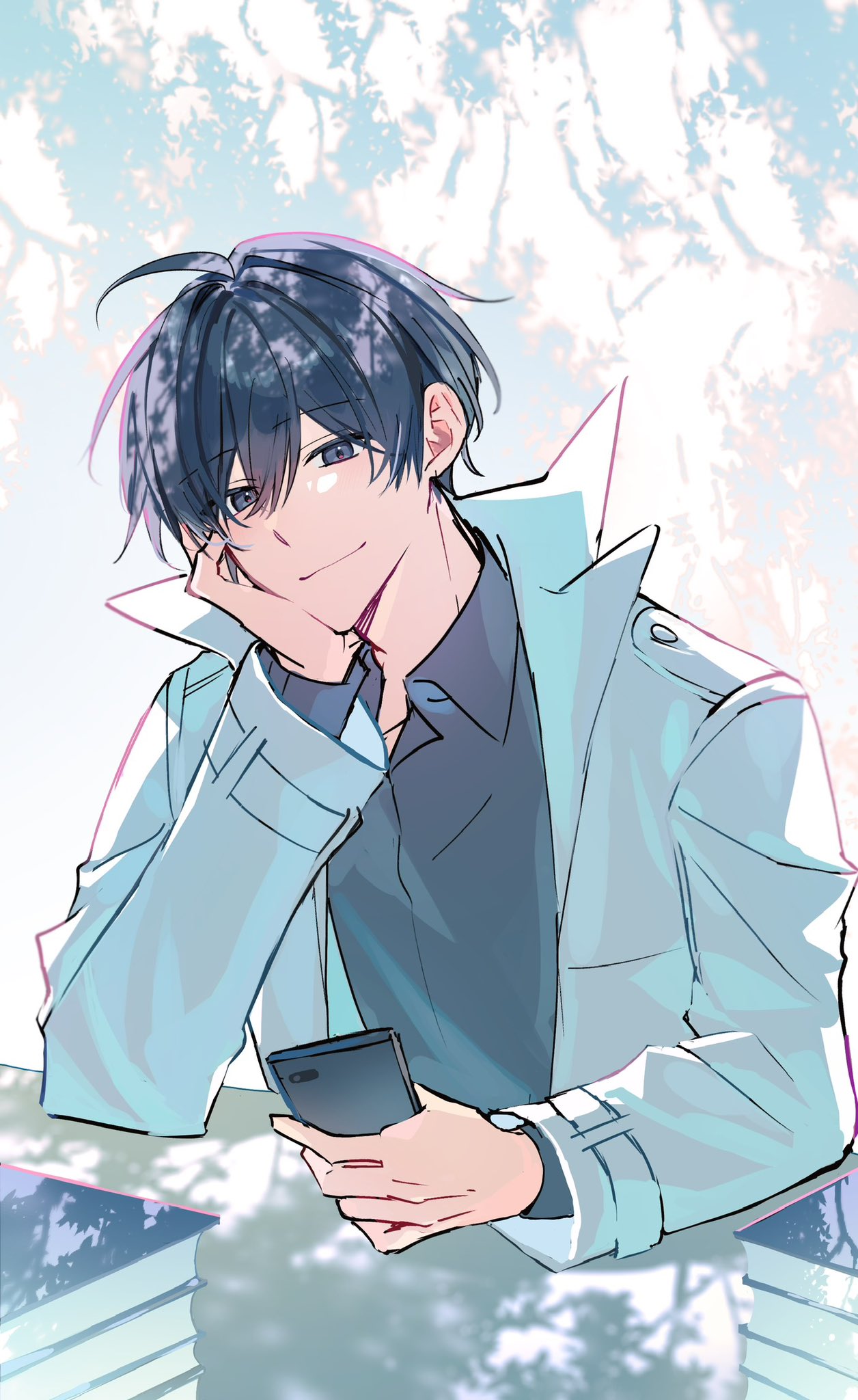 haseta 08, kim dokja, omniscient reader's viewpoint, highres, 1boy, black eyes, black hair, black shirt, book, book stack, coat, collared shirt, cowboy shot, dappled sunlight, elbow rest, hair between eyes, hand on own chin, head tilt, holding, holding phone, looking at viewer, male focus, open clothes, open coat, outdoors, phone, popped collar, shirt, short hair, smile, solo, sunlight, table, white coat, wooden table