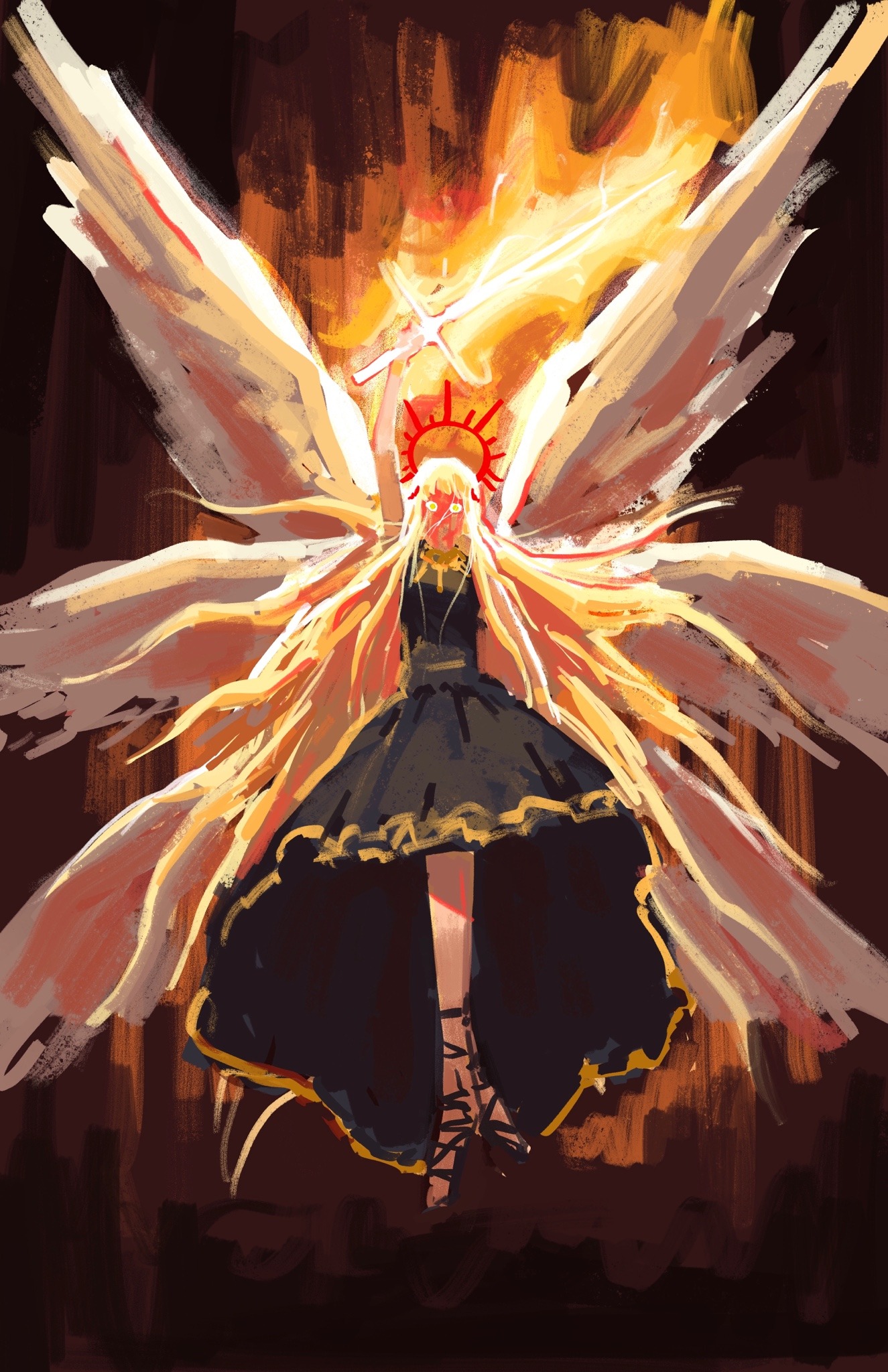uriel (omniscient reader's viewpoint), omniscient reader's viewpoint, highres, 1girl, arm up, black dress, blonde hair, burning, dress, empty eyes, facing viewer, feathered wings, floating, floating object, full body, glowing, hair flowing over, halo, halo behind head, imminent attack, looking at viewer, multiple wings, solo, sword, tangerinegod, weapon, white wings, wide-eyed, wings