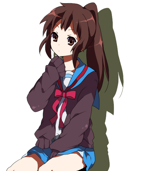 ren (zero second), kyonko, suzumiya haruhi no yuuutsu, bad id, bad pixiv id, 00s, 1girl, brown eyes, brown hair, cardigan, female focus, genderswap, genderswap (mtf), long hair, ponytail, school uniform, serafuku, sitting, solo