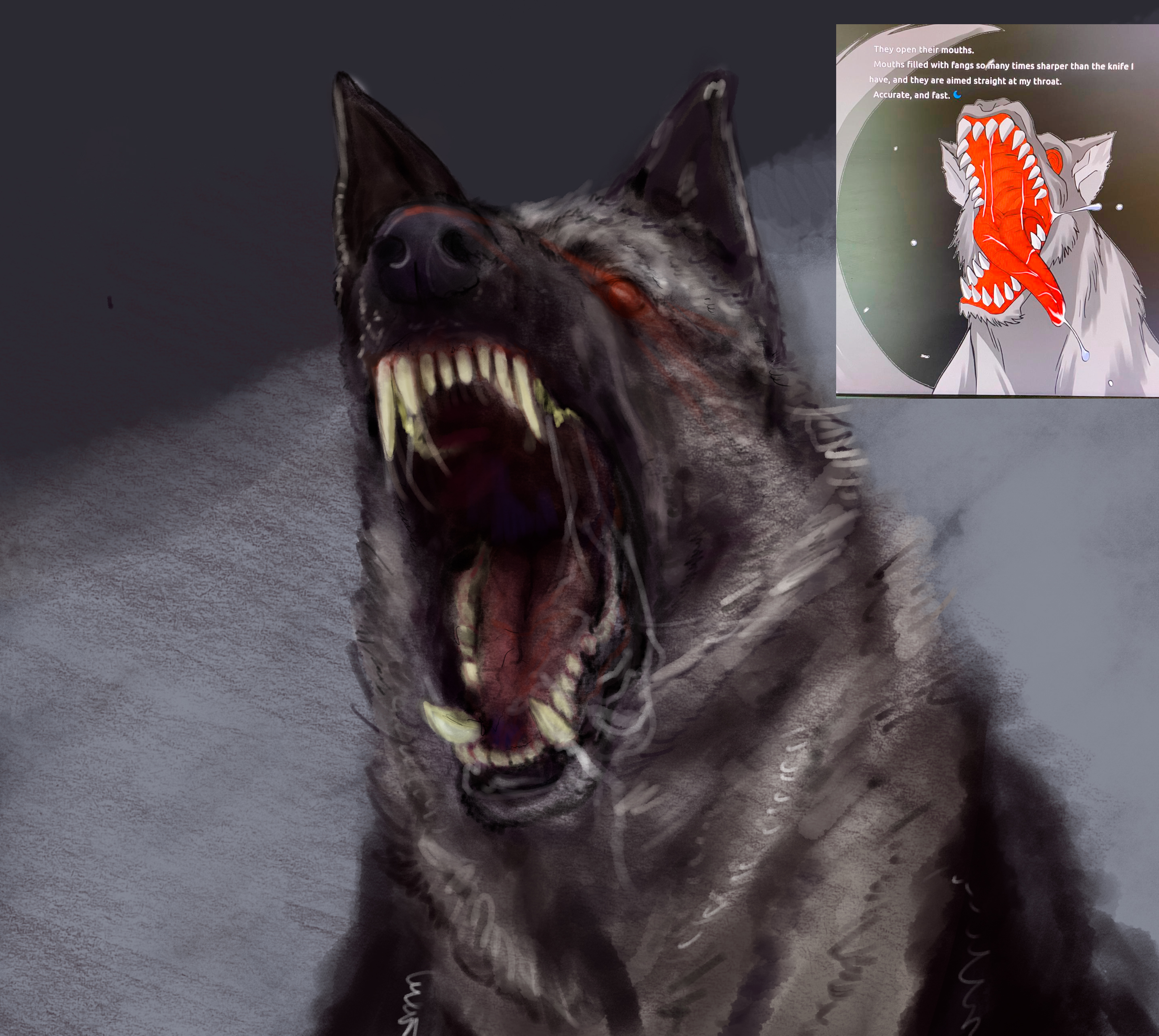 hound, tsukihime, absurdres, derivative work, highres, screenshot redraw, cookieokami, english text, fangs, monster, no humans, open mouth, red eyes, reference inset, saliva