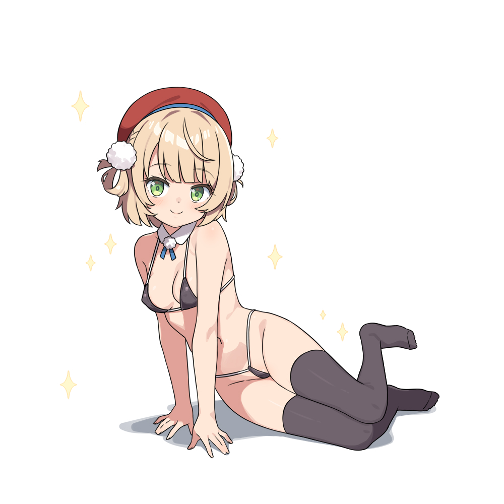 hatsunatsu, shigure ui (vtuber), indie virtual youtuber, 1girl, arm support, bare arms, bare shoulders, beret, bikini, black bikini, black thighhighs, breasts, brown hair, closed mouth, collar, detached collar, full body, green eyes, groin, hat, looking at viewer, medium breasts, navel, no shoes, red hat, shadow, simple background, smile, solo, sparkle, swimsuit, thighhighs, virtual youtuber, white background, white collar