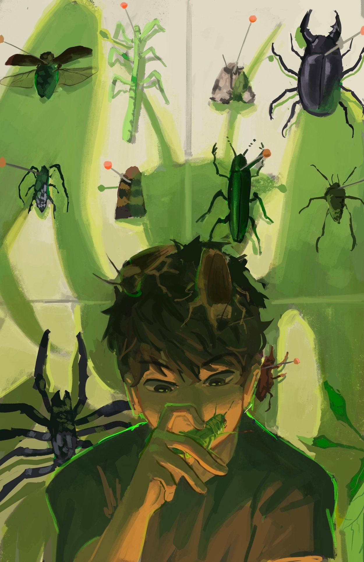 lee gilyoung, omniscient reader's viewpoint, highres, 1boy, black eyes, black hair, black shirt, bug, bug request, fly, grasshopper, hand up, holding bug, insect, male focus, moth, pinned, rhinoceros beetle, scarab, shadow, shirt, short hair, sitting in shadow, size difference, sparkling eyes, spider, tangerinegod, tile wall, tiles, underlighting, upper body