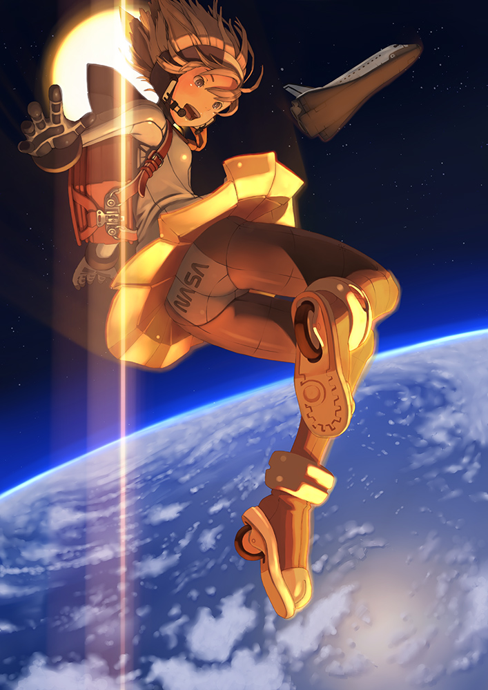 shizuma yoshinori, nasa, original, 1girl, aircraft, airplane, ass, atmospheric entry, aura, backpack, bag, blonde hair, burning, clothes writing, earth (planet), energy, falling, female focus, fire, friction burn, glowing, headset, heat, legs, logo, nasa logo, open mouth, panties, panties under pantyhose, pantyhose, planet, plasma, print panties, randoseru, roller skates, short hair, skates, skirt, solo, space, space shuttle, spacecraft, spaceplane, star (sky), sun, underwear, wind
