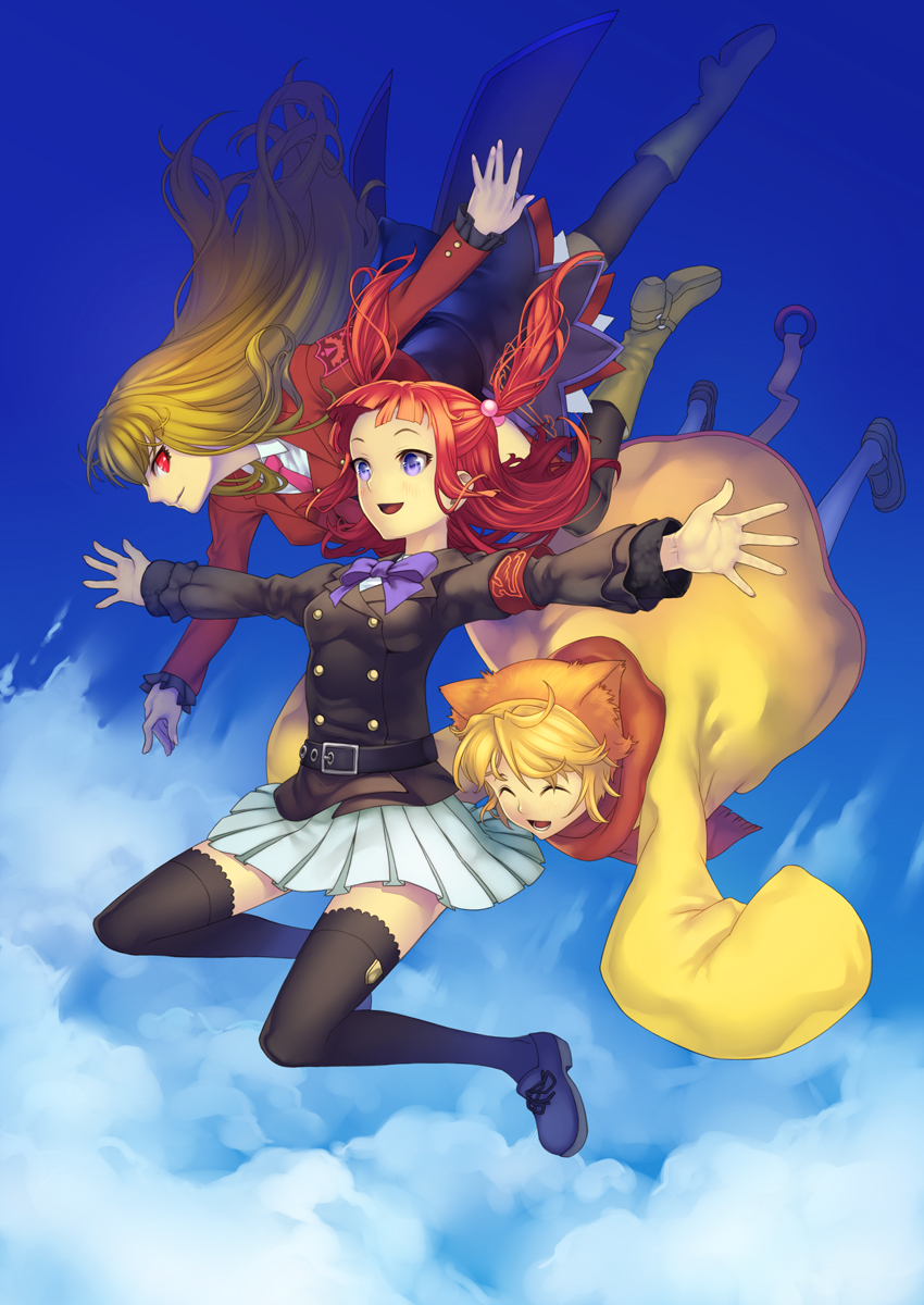 kunieda, mammon (umineko), sakutarou (umineko), stakes of purgatory, ushiromiya ange, umineko no naku koro ni, highres, 00s, blonde hair, blue eyes, coat, falling, hair bobbles, hair ornament, long hair, long sleeves, red eyes, red hair, skirt, sky, thighhighs, twintails