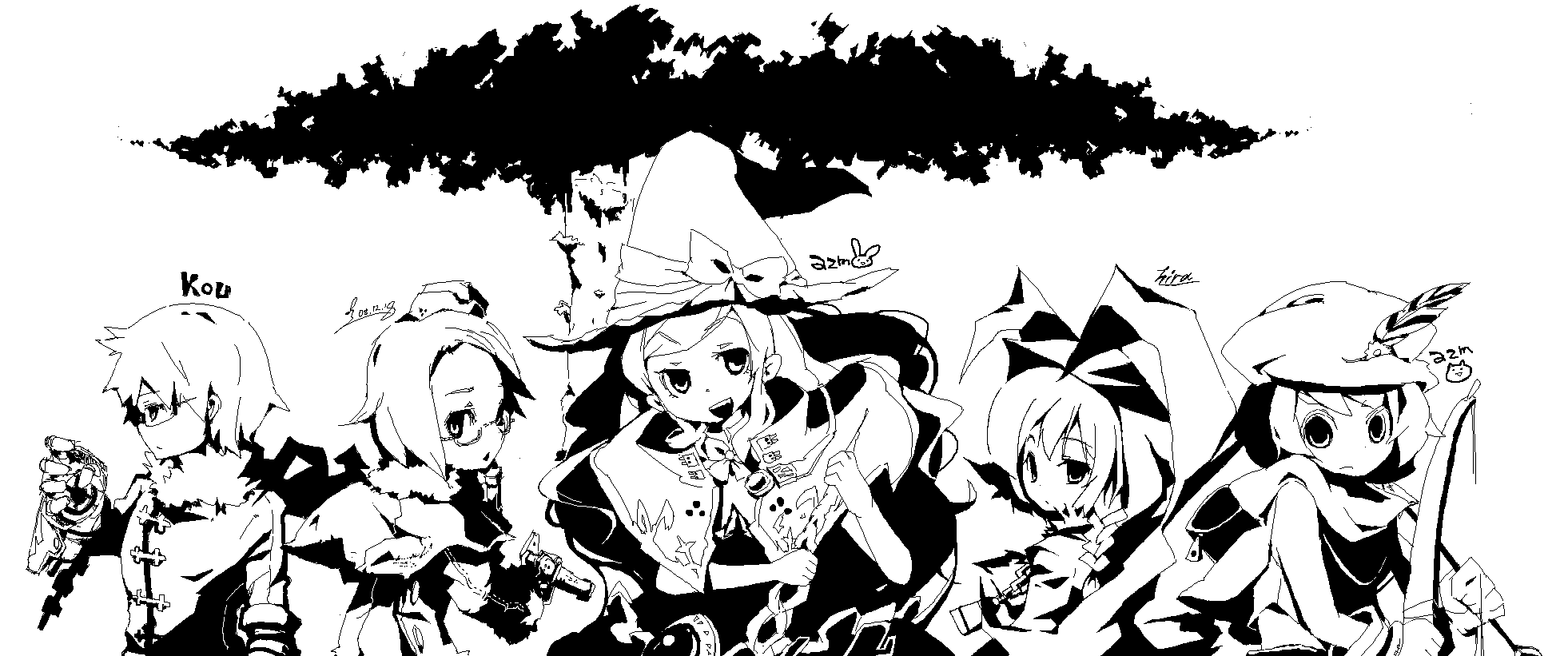 azuma seiji, fuukadia (narcolepsy), govurin (pixiv), hirase yuu, ko->u, alchemist (sekaiju), alchemist 2 (sekaiju), curse maker, curse maker 2, doctor magus, doctor magus 4, gunner (sekaiju), gunner 4 (sekaiju), ranger (sekaiju), ranger 2 (sekaiju), atlus, etrian odyssey, artist collaboration, bad id, bad pixiv id, highres, 5girls, :d, :o, androgynous, armor, arrow (projectile), bell, bow, bow (weapon), bowtie, braid, capelet, chain, cloak, cowbell, fantasy, feathers, frown, fur trim, garrison cap, gauntlets, gem, glasses, gloves, greyscale, gun, handgun, hat, holding, hood, jewelry, lineup, long hair, looking at viewer, looking back, monochrome, multiple girls, necklace, oekaki, open mouth, quiver, short hair, signature, smile, swept bangs, tree, twin braids, upper body, weapon