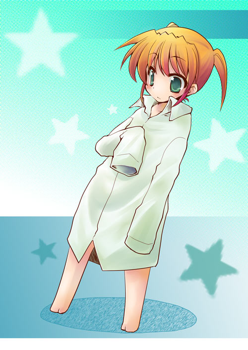 kajikawa yahiro, teana lanster, lyrical nanoha, mahou shoujo lyrical nanoha, mahou shoujo lyrical nanoha strikers, 00s, 1girl, aged down, bare legs, blush, dress shirt, female focus, green eyes, long sleeves, no pants, oversized clothes, shirt, solo, standing, tareme, wading, water
