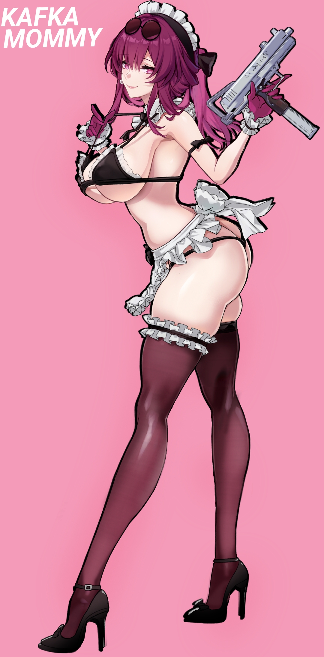 saint laurent paris, kafka (honkai: star rail), honkai: star rail, honkai (series), commentary, english commentary, highres, 1girl, apron, ass, bikini, black bikini, black thighhighs, breasts, character name, eyewear on head, from side, gloves, gun, high heels, holding, holding gun, holding weapon, large breasts, maid, maid apron, maid bikini, maid headdress, medium hair, pink background, purple eyes, purple gloves, purple hair, solo, swimsuit, thighhighs, unconventional maid, underboob, weapon, white apron