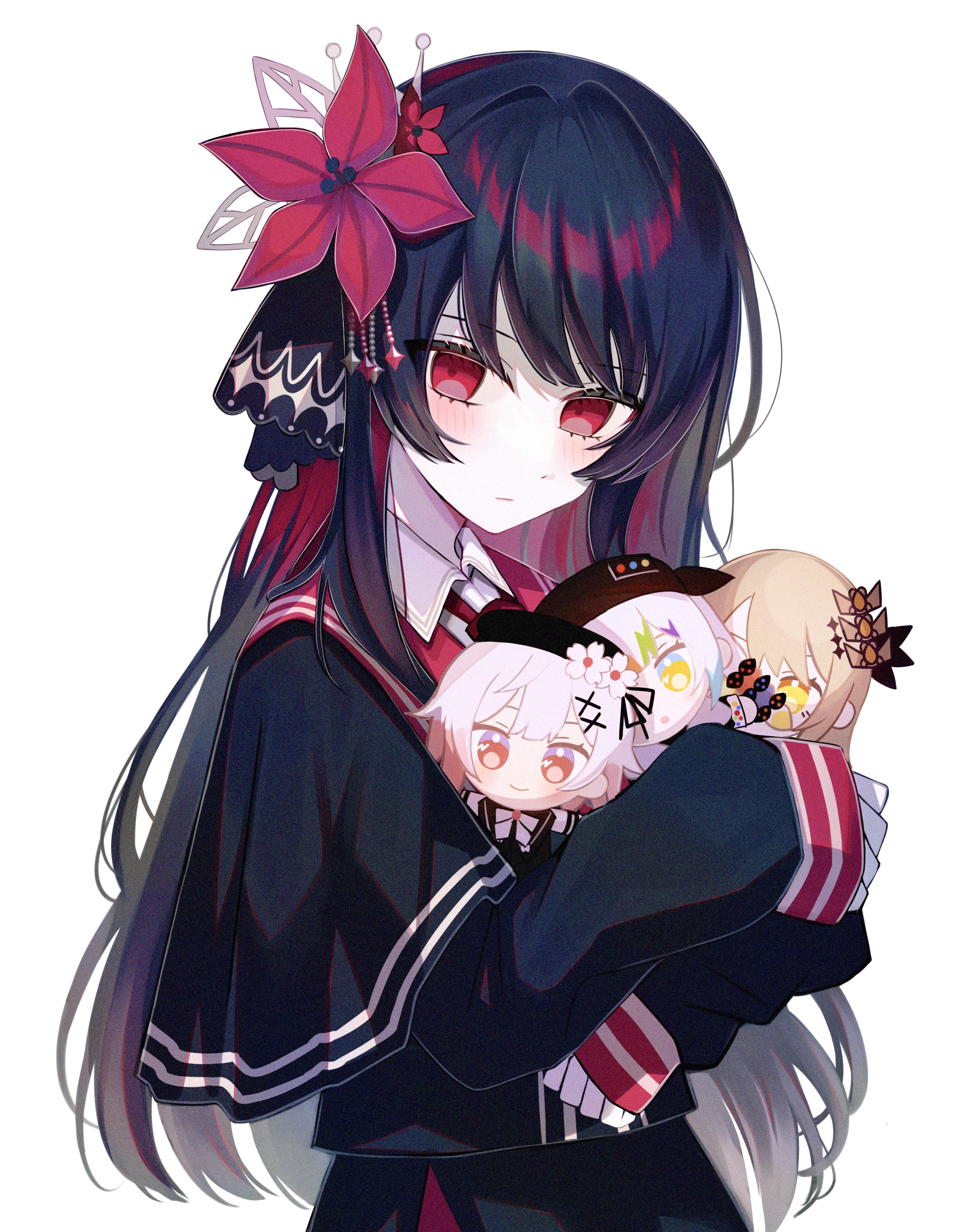 satoimo chika, hasumi leia, jogasaki noah, nikaido hiro, sakuraba ema, mahou shoujo no majo saiban, absurdres, commentary request, highres, 1girl, black capelet, black hair, black hat, black shirt, black skirt, blush, brown eyes, brown hair, capelet, character doll, closed mouth, collared shirt, doll, flower, grey hair, hair flower, hair intakes, hair ornament, hat, hugging doll, hugging object, long hair, long sleeves, multicolored hair, puffy long sleeves, puffy sleeves, red eyes, red flower, red hair, shirt, simple background, skirt, sleeves past wrists, two-tone hair, very long hair, white background, white shirt