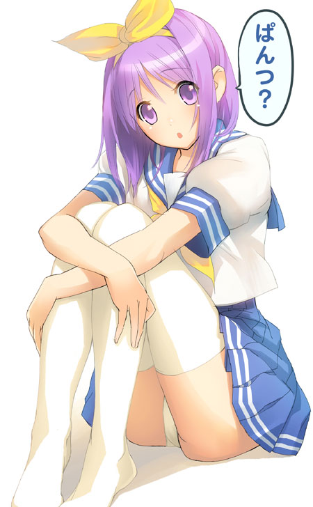kage yuu, hiiragi tsukasa, lucky star, bad id, bad pixiv id, translated, 00s, 1girl, :o, ass, bow, confused, feet, female focus, hair bow, hair ribbon, head tilt, hugging own legs, miniskirt, panties, pantyshot, pleated skirt, purple eyes, purple hair, ribbon, school uniform, serafuku, short hair, simple background, skirt, solo, thighhighs, underwear, upskirt, white thighhighs
