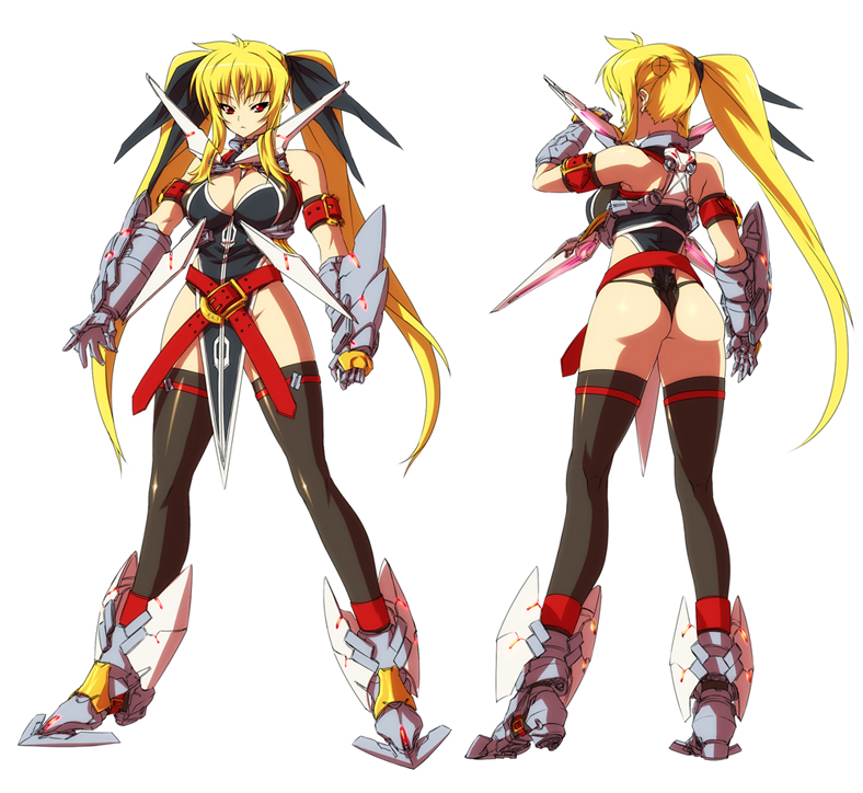 nekomamire, fate testarossa, fate testarossa (true sonic form), lyrical nanoha, mahou shoujo lyrical nanoha, mahou shoujo lyrical nanoha strikers, 00s, 1girl, adapted costume, armor, ass, back, black thighhighs, blonde hair, breasts, cleavage, female focus, full body, highleg, highleg leotard, large breasts, legs, leotard, long hair, long legs, multiple views, red eyes, simple background, standing, thighhighs, thighs, thong leotard, twintails, white background, zettai ryouiki