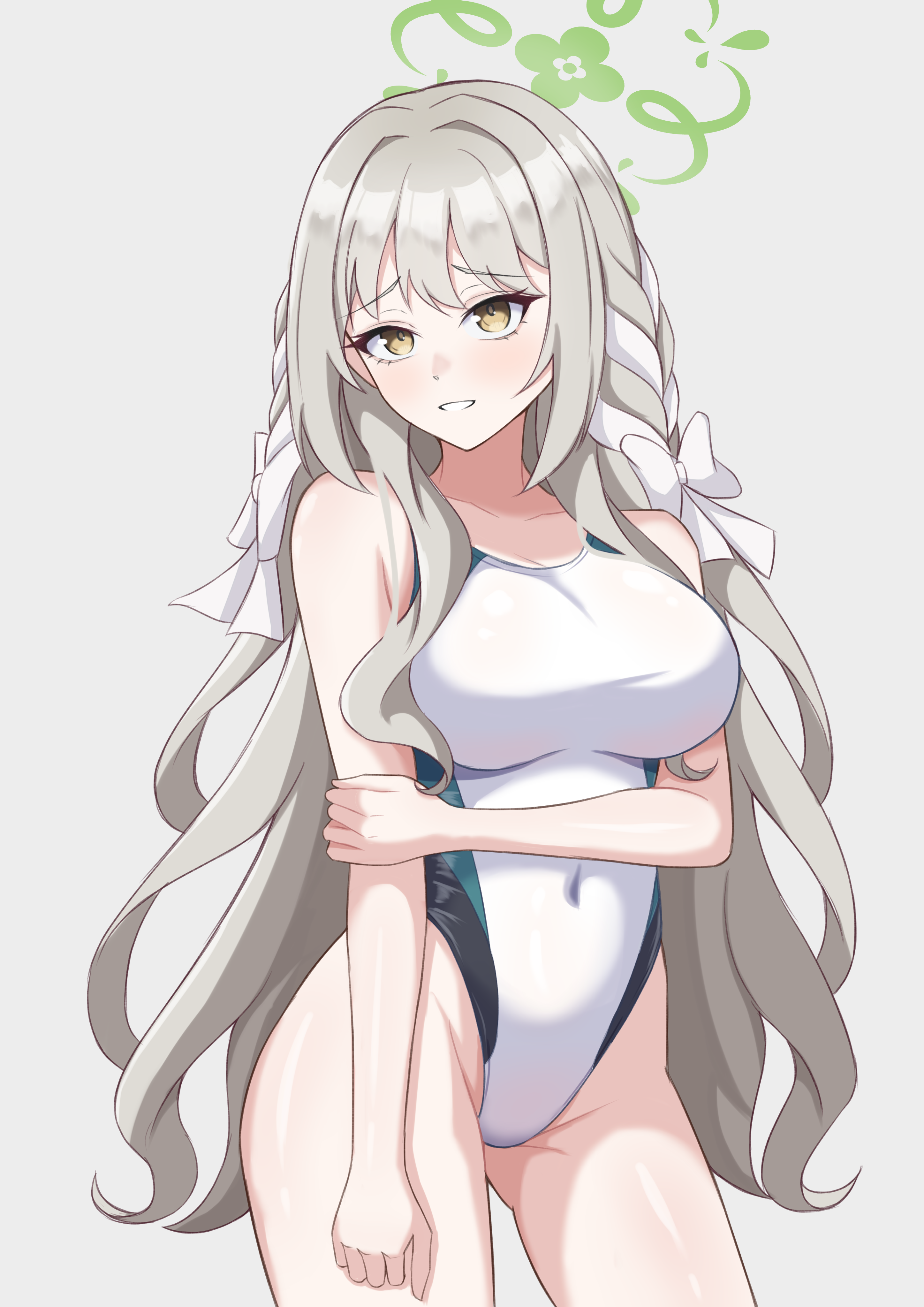 minaduki0707, miyo (blue archive), blue archive, hazel eyes, absurdres, highres, 1girl, alternate costume, arm across waist, bow, braid, breasts, choppy bangs, competition swimsuit, covered navel, green halo, green one-piece swimsuit, grey hair, hair bow, hair ribbon, halo, highleg, highleg one-piece swimsuit, holding own arm, large breasts, long hair, looking at viewer, multicolored one-piece swimsuit, one-piece swimsuit, ribbon, ribbon braid, smile, solo, swimsuit, very long hair, white bow, white one-piece swimsuit