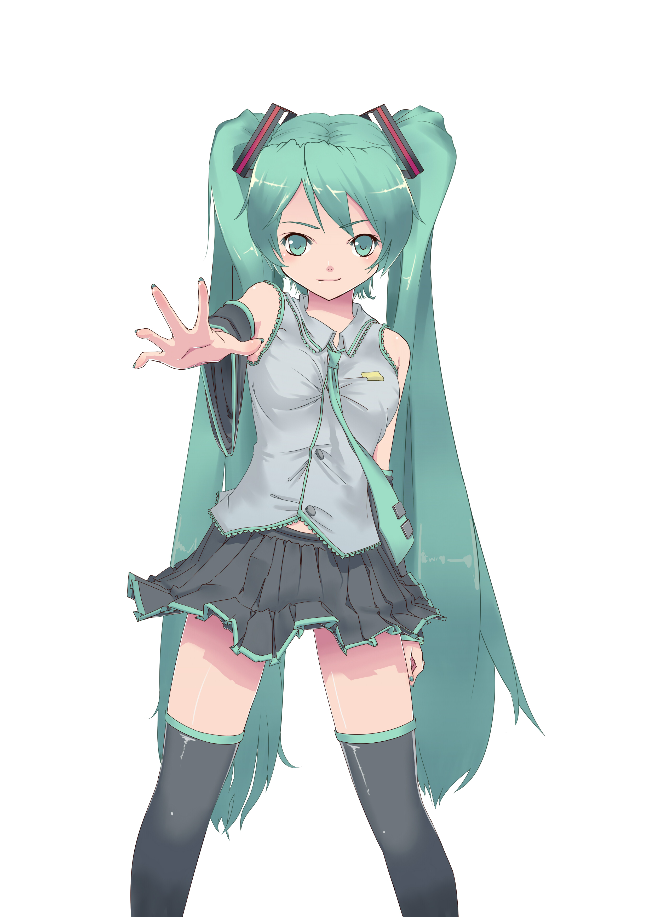 violent panda, hatsune miku, vocaloid, absurdres, highres, 1girl, detached sleeves, female focus, green eyes, green hair, green nails, long hair, matching hair/eyes, miniskirt, nail polish, necktie, outstretched arm, outstretched hand, reaching, skirt, smile, solo, thighhighs, twintails, very long hair, zettai ryouiki