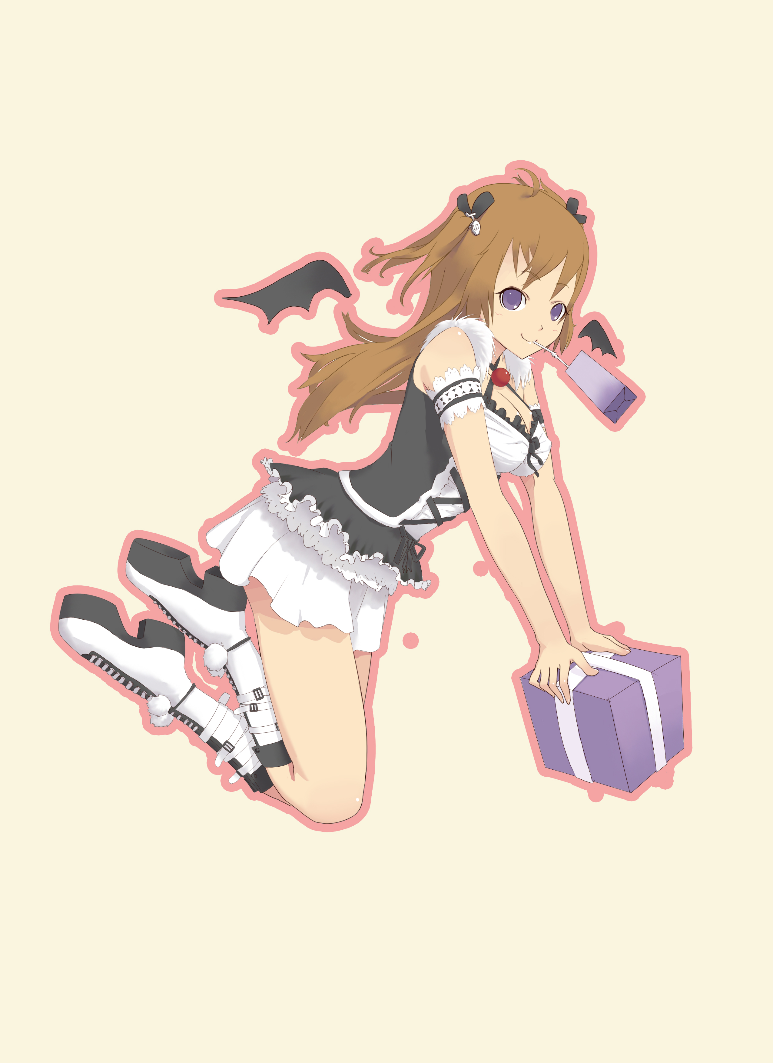 violent panda, absurdres, highres, 1girl, boots, brown hair, female focus, long hair, skirt, smile, solo, wings