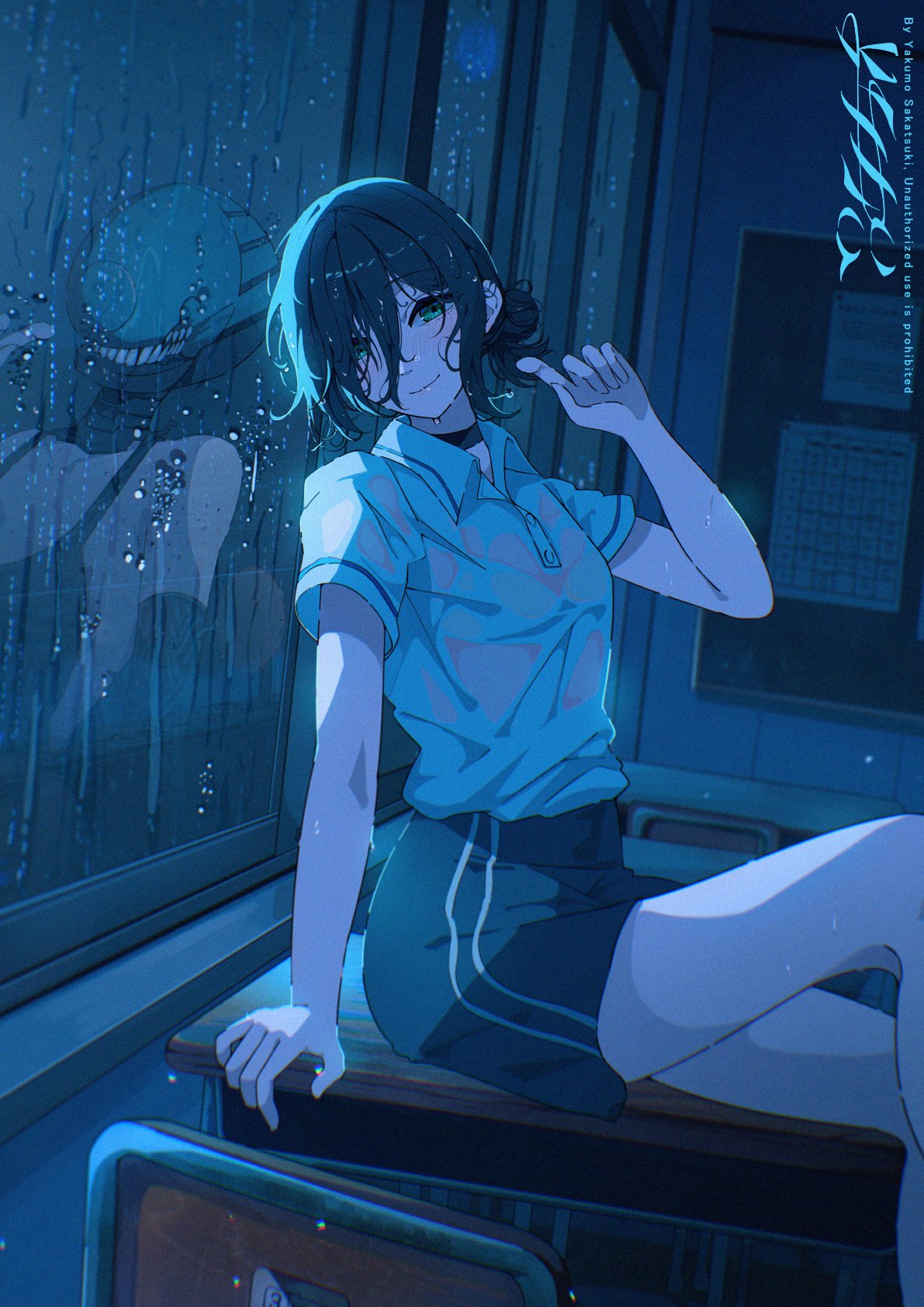 sakatsuki yakumo, reze (chainsaw man), chainsaw man, hashtag-only commentary, highres, 1girl, black choker, black hair, black shorts, calendar (object), choker, classroom, collared shirt, desk, green eyes, hair between eyes, hair bun, indoors, looking at viewer, medium hair, on desk, rain, school desk, shirt, shirt tucked in, short hair, short sleeves, shorts, single hair bun, sitting, smile, solo, wet, wet clothes, wet hair, wet shirt, white shirt, window