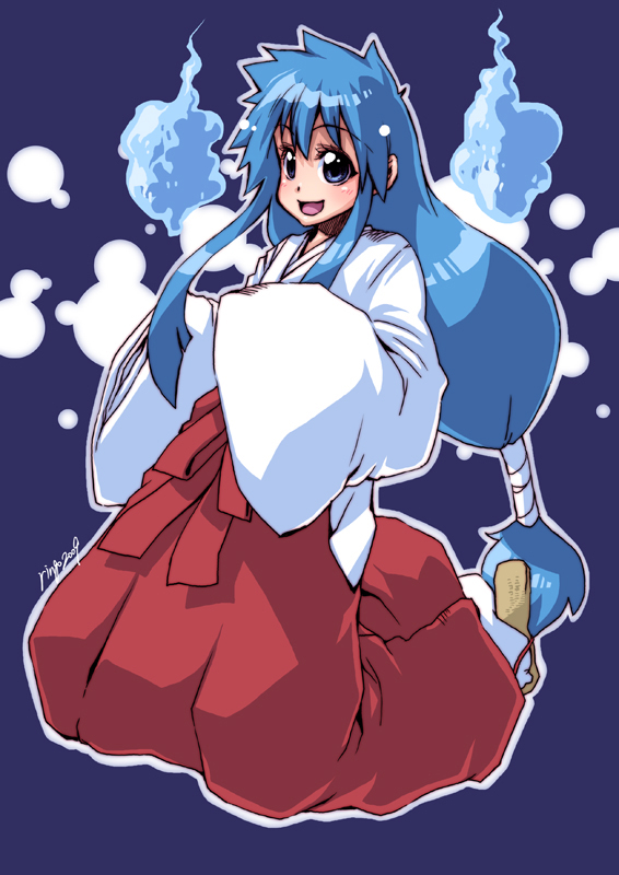takanashi ringo, himuro kinu, ghost sweeper mikami, 1girl, blue hair, blush, female focus, full body, happy, japanese clothes, long hair, low-tied long hair, miko, solo