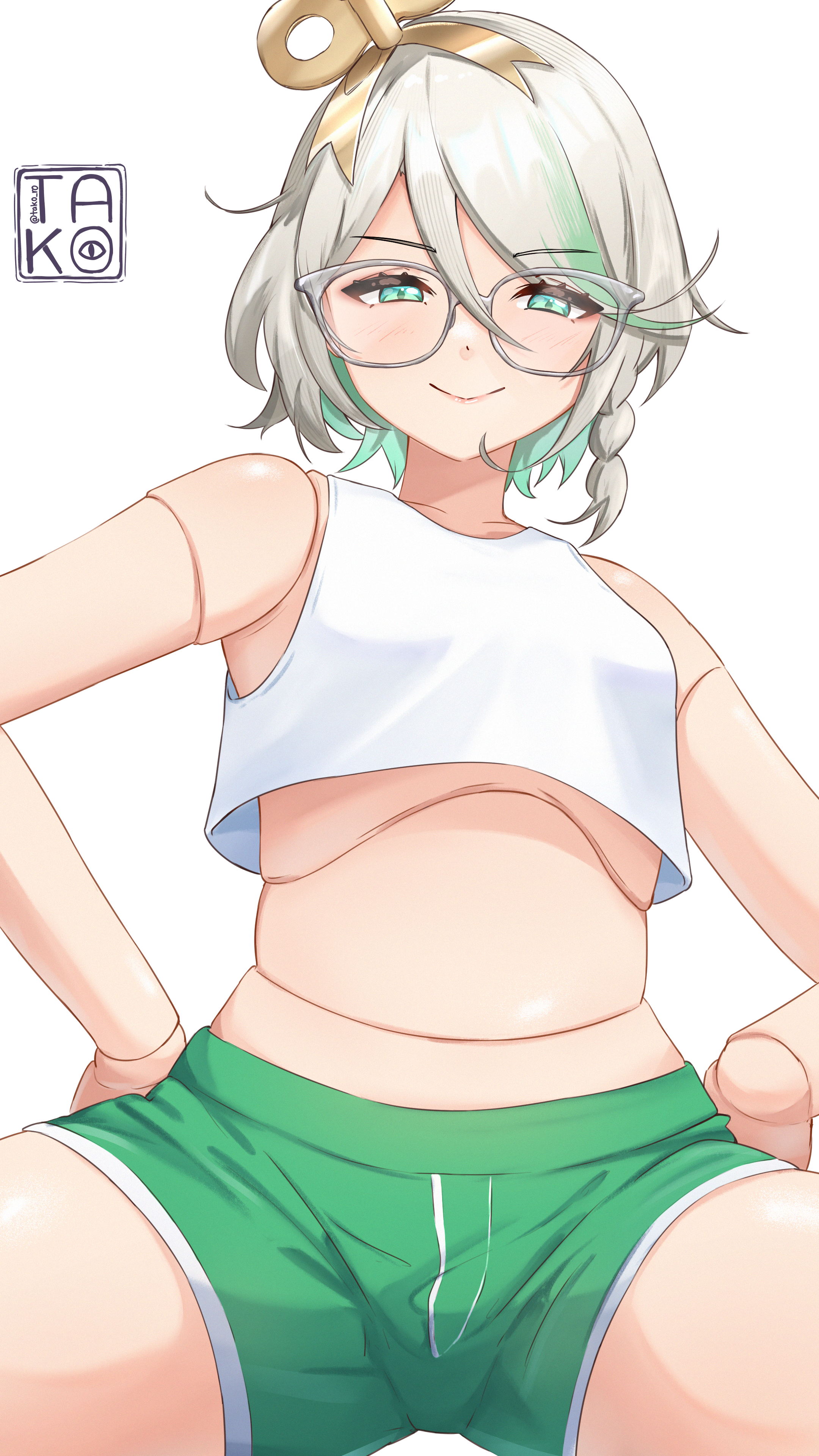 takoroki, cecilia immergreen, hololive, hololive english, absurdres, commentary, english commentary, highres, 1girl, braid, breasts, closed mouth, colored inner hair, crop top, doll, doll joints, double-parted bangs, flat chest, glasses, green eyes, green hair, green shorts, grey hair, hair between eyes, hair ornament, hand on own hip, joints, legs apart, looking at viewer, midriff, multicolored hair, navel, round eyewear, short hair, short shorts, shorts, side braid, simple background, single braid, sitting, small breasts, solo, streaked hair, tank top, virtual youtuber, white background, white tank top, winding key