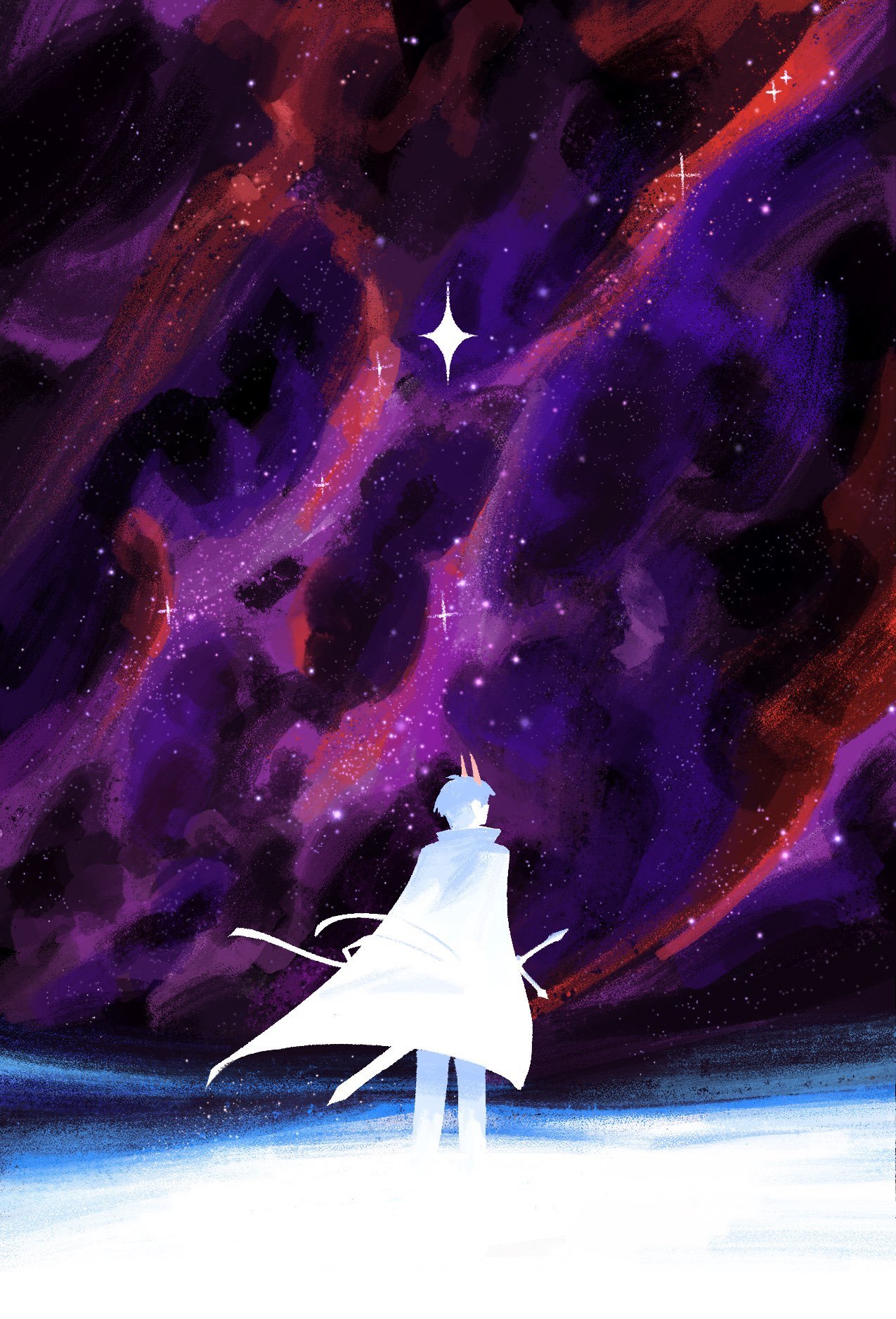 kim dokja, omniscient reader's viewpoint, highres, 1boy, coat, demon horns, from behind, full body, galaxy, horizon, horns, limited palette, male focus, night, official alternate costume, open clothes, open coat, outdoors, popped collar, scabbard, sheath, sky, solo, space, sparkle, standing, star (sky), starry sky, tangerinegod, white coat, wind, wind lift