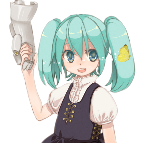 emdo (norabbit), hatsune miku, vocaloid, voice (vocaloid), lowres, 1girl, aged down, blue eyes, blue hair, bug, butterfly, child, green hair, holding hands, insect, robot, solo focus, twintails
