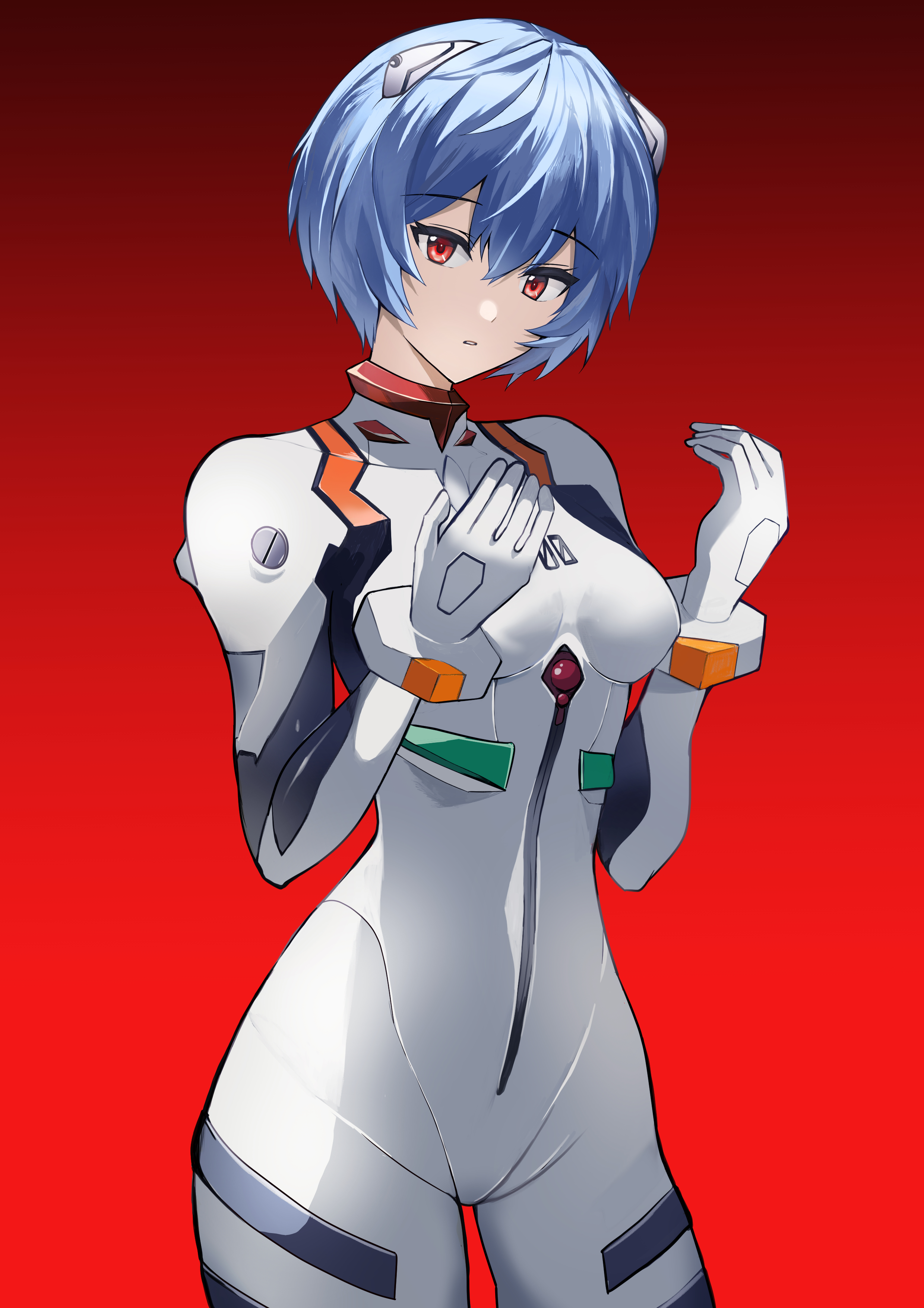 ruyu (txzy22), ayanami rei, neon genesis evangelion, absurdres, highres, 1girl, arms up, blue hair, bodysuit, breasts, cowboy shot, double-parted bangs, gradient background, hair between eyes, interface headset (evangelion), looking at hands, mecha pilot suit, medium breasts, parted lips, plugsuit (evangelion), red background, red eyes, short hair, skin tight, solo, white bodysuit