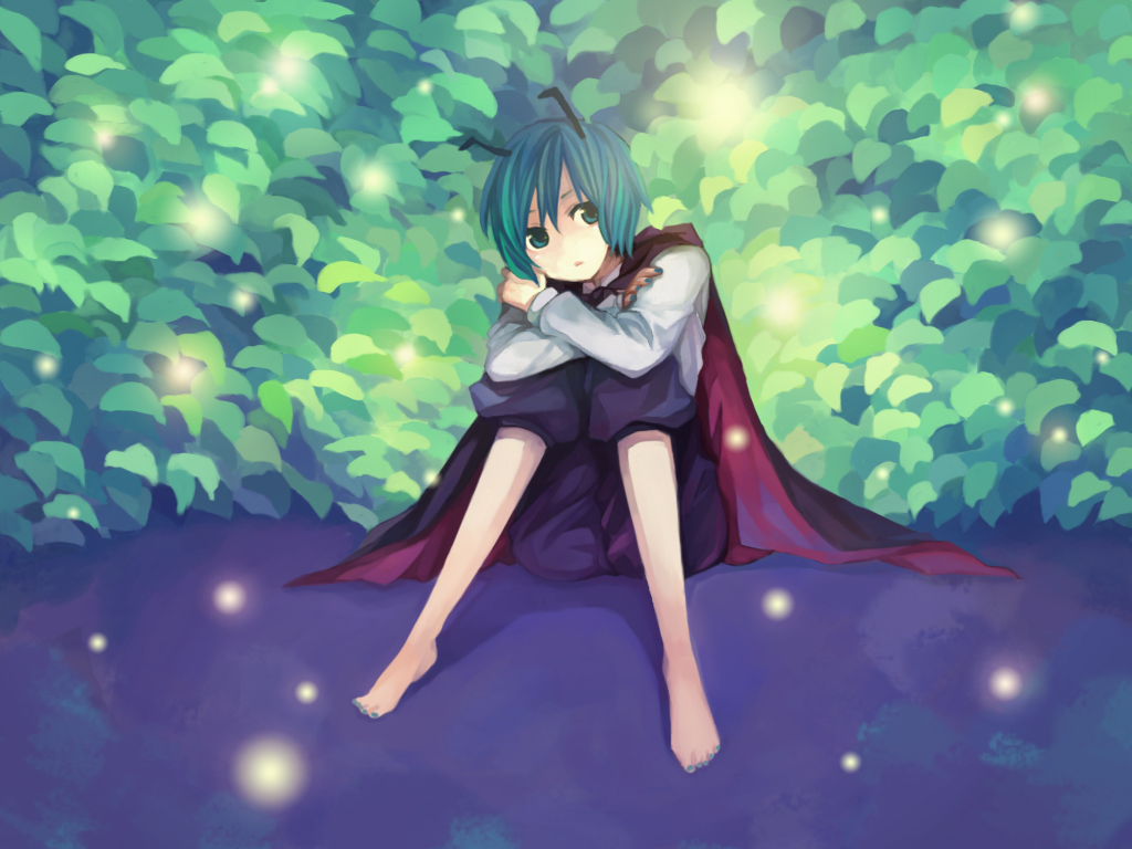 maco (munya), wriggle nightbug, touhou, 1girl, antennae, barefoot, bug, cape, feet, female focus, fireflies, firefly, green eyes, green hair, insect, matching hair/eyes, nail polish, short hair, sitting, solo, toenail polish, toenails