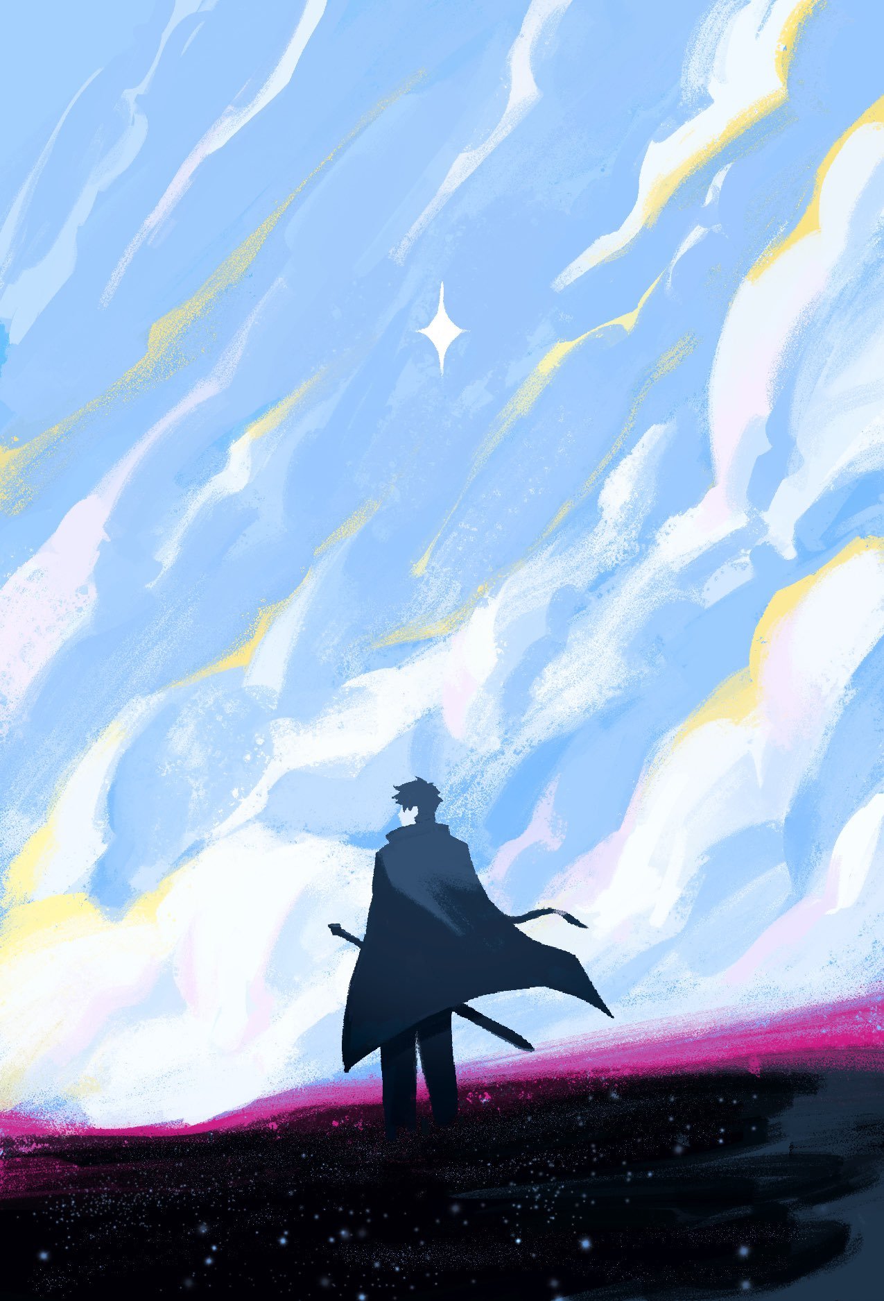yoo joonghyuk, omniscient reader's viewpoint, highres, 1boy, black coat, black hair, cloud, cloudy sky, coat, day, from behind, full body, horizon, limited palette, male focus, mountainous horizon, outdoors, scabbard, sheath, short hair, sky, solo, sparkle, standing, starry sky print, tangerinegod