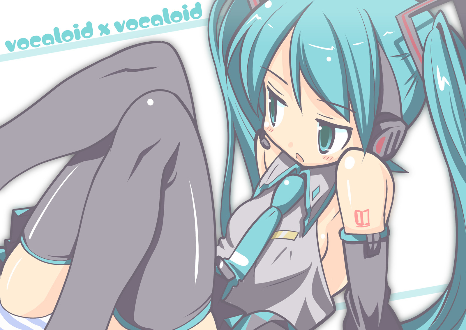 arata toshihira, hatsune miku, vocaloid, highres, aqua eyes, aqua hair, detached sleeves, headset, panties, solo, striped clothes, striped panties, thighhighs, twintails, underwear