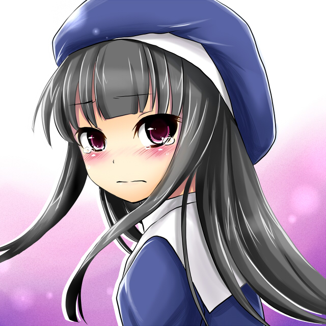 pochi (pochi-goya), amatsuka urara, baby princess, 10s, beret, black hair, blush, hat, long hair, looking back, pink eyes, solo, tears