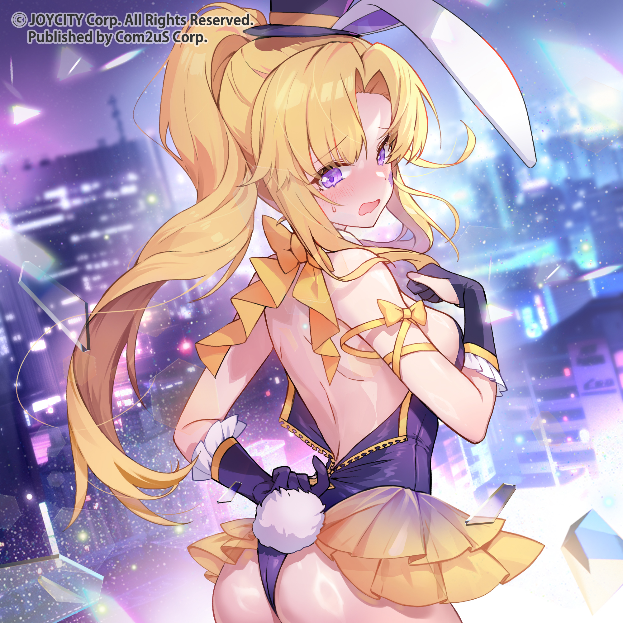 apple caramel, starseed: asnia trigger, character request, commentary request, highres, official art, 1girl, animal ears, ass, backless leotard, blurry, blurry background, blush, cityscape, depth of field, facial mark, fake animal ears, fake tail, glass shards, hat, leotard, long hair, looking at viewer, looking back, night, night sky, open mouth, parted bangs, ponytail, purple eyes, purple hat, purple leotard, rabbit ears, rabbit tail, sky, solo, tail, very long hair, wavy mouth
