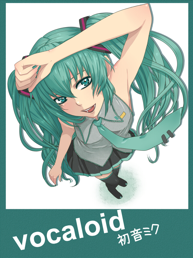 nayu, hatsune miku, vocaloid, bad id, bad pixiv id, 1girl, armpits, female focus, green eyes, green hair, green nails, long hair, matching hair/eyes, nail polish, necktie, skirt, solo, thighhighs, twintails