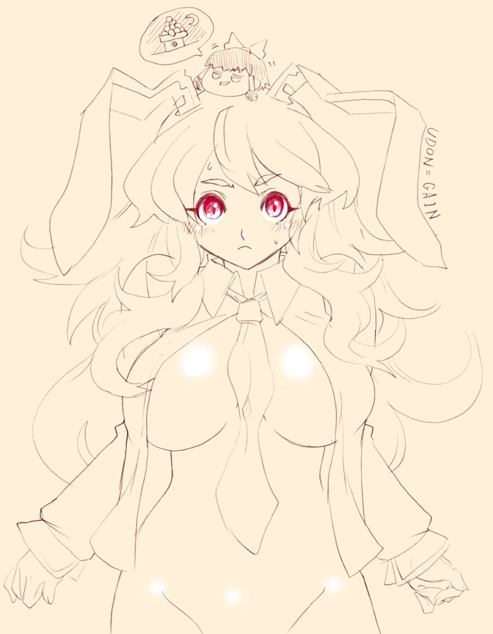 tsuutenkaaku, reisen udongein inaba, touhou, 1girl, animal ears, blush, breasts, female focus, huge breasts, long hair, monochrome, necktie, open clothes, open shirt, rabbit ears, red eyes, shirt, solo, spot color