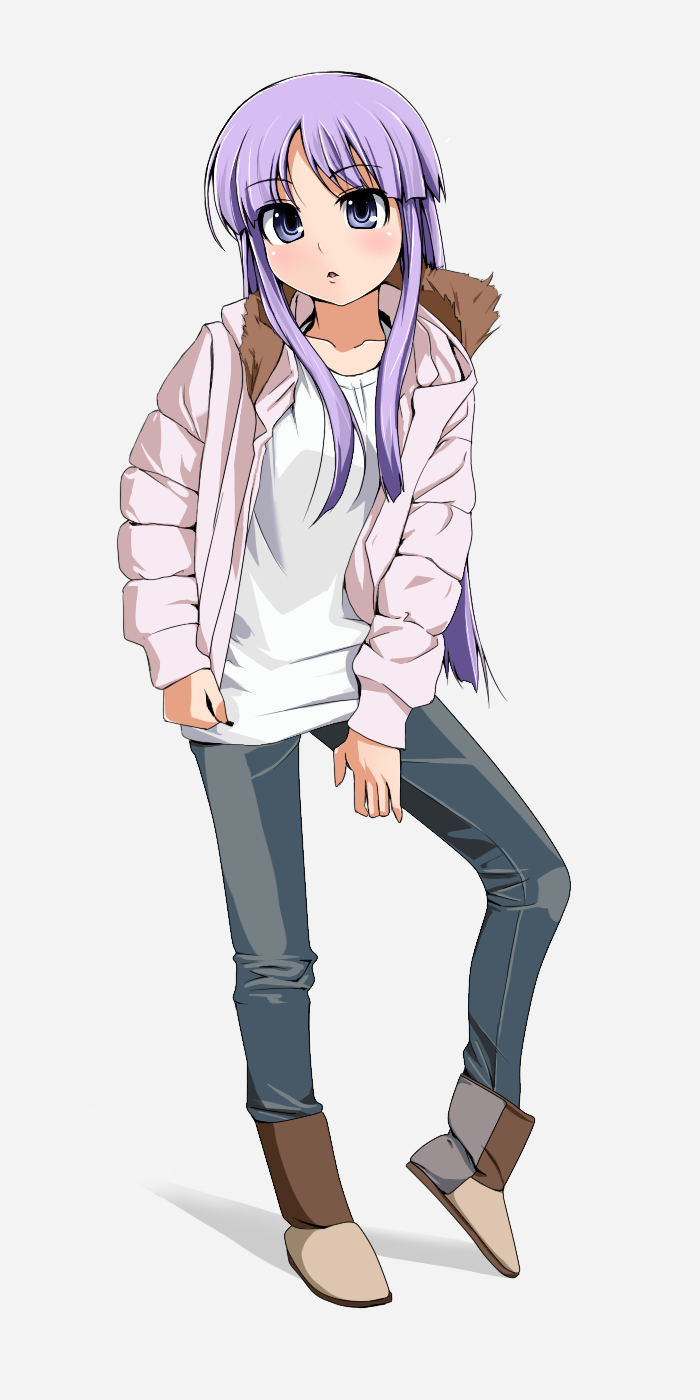 grune, highres, boots, casual, coat, denim, jeans, long hair, pants, purple eyes, purple hair, solo