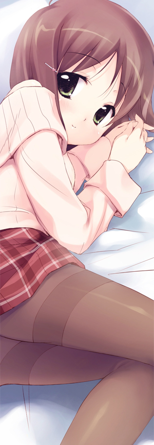 minase shuu, original, long image, tall image, brown hair, hair ornament, hairclip, pantyhose, plaid clothes, plaid skirt, short hair, skirt, solo