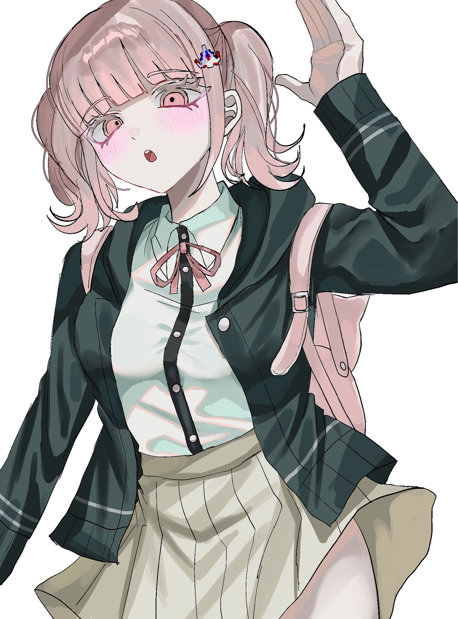 nanami chiaki, danganronpa (series), danganronpa 2: goodbye despair, highres, 1girl, :o, animal bag, breasts, brown hair, cat bag, collared shirt, flipped hair, hair ornament, hood, jacket, long sleeves, medium hair, neck ribbon, open clothes, open jacket, pink bag, pink eyes, pink ribbon, pleated skirt, ribbon, shirt, skirt, solo, tarutaru428, two-tone shirt, white shirt