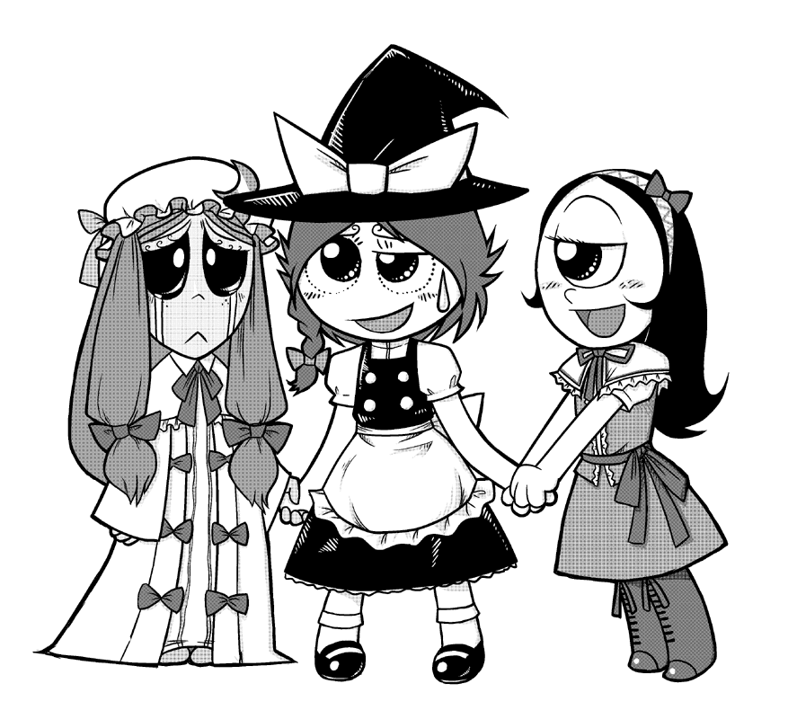 leex, alice margatroid, iris (ruby gloom), kirisame marisa, misery (ruby gloom), patchouli knowledge, ruby gloom (character), ruby gloom, touhou, 3girls, alice margatroid (cosplay), cosplay, crossover, cyclops, greyscale, hat, kirisame marisa (cosplay), long hair, monochrome, multiple girls, one-eyed, parody, patchouli knowledge (cosplay), style parody, witch hat