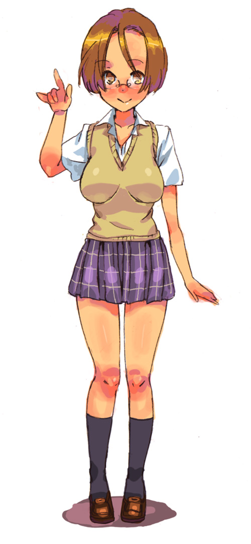 oira, oira (kagaribi), original, 1girl, blush, brown hair, female focus, glasses, kneehighs, plaid clothes, plaid skirt, school uniform, short hair, skirt, socks, solo, sweater vest, vest