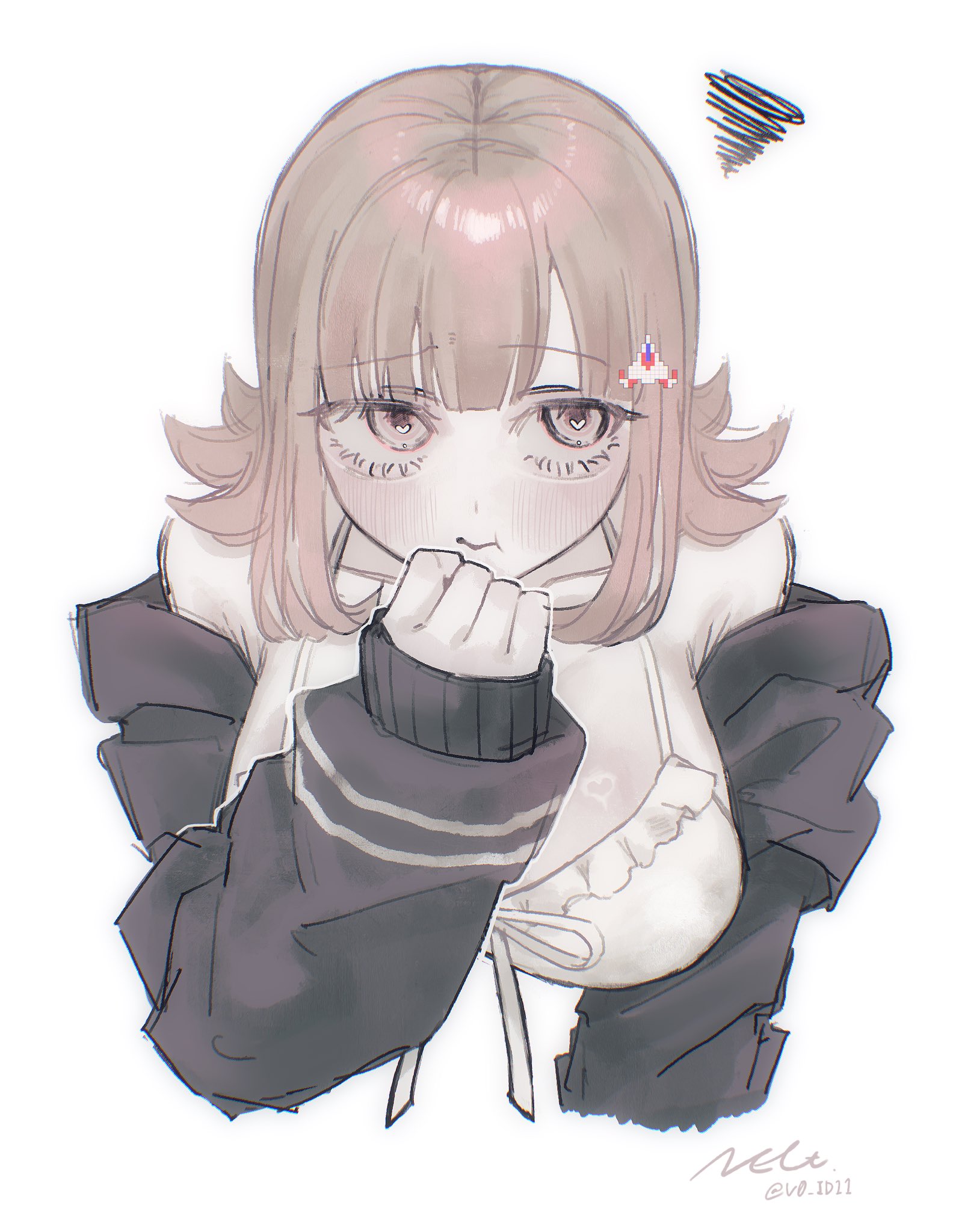 dn0lt, nanami chiaki, danganronpa (series), danganronpa 2: goodbye despair, highres, 1girl, bikini, blush, breasts, brown hair, flipped hair, hair ornament, hand up, jacket, long sleeves, looking at viewer, medium hair, neck ribbon, open clothes, open jacket, pink eyes, ribbon, shirt, solo, swimsuit, white bikini