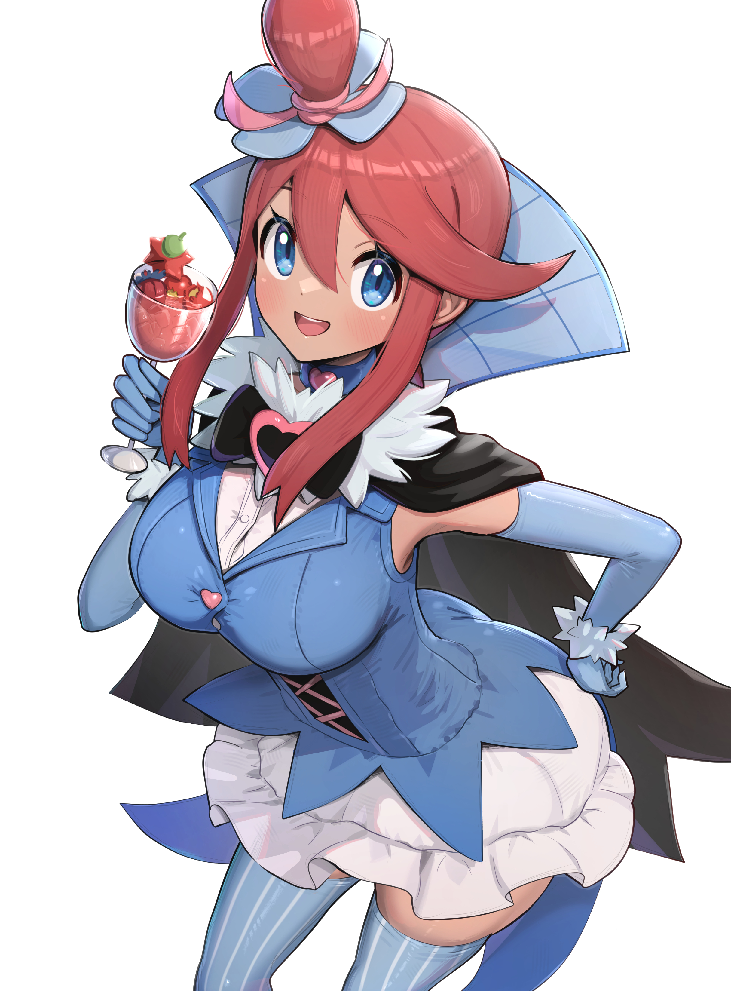 gonzarez, skyla (pokemon), swoobat, nintendo, pokemon, pokemon bw, absurdres, highres, 1girl, blue eyes, blue thighhighs, blush, breasts, cosplay, cup, drinking glass, elbow gloves, from above, gen 5 pokemon, gloves, hair bun, hair ornament, hand on own hip, looking at viewer, medium breasts, open mouth, propeller hair ornament, red eyes, simple background, smile, solo, striped clothes, striped thighhighs, swoobat (cosplay), thighhighs, vertical-striped clothes, vertical-striped thighhighs, white background